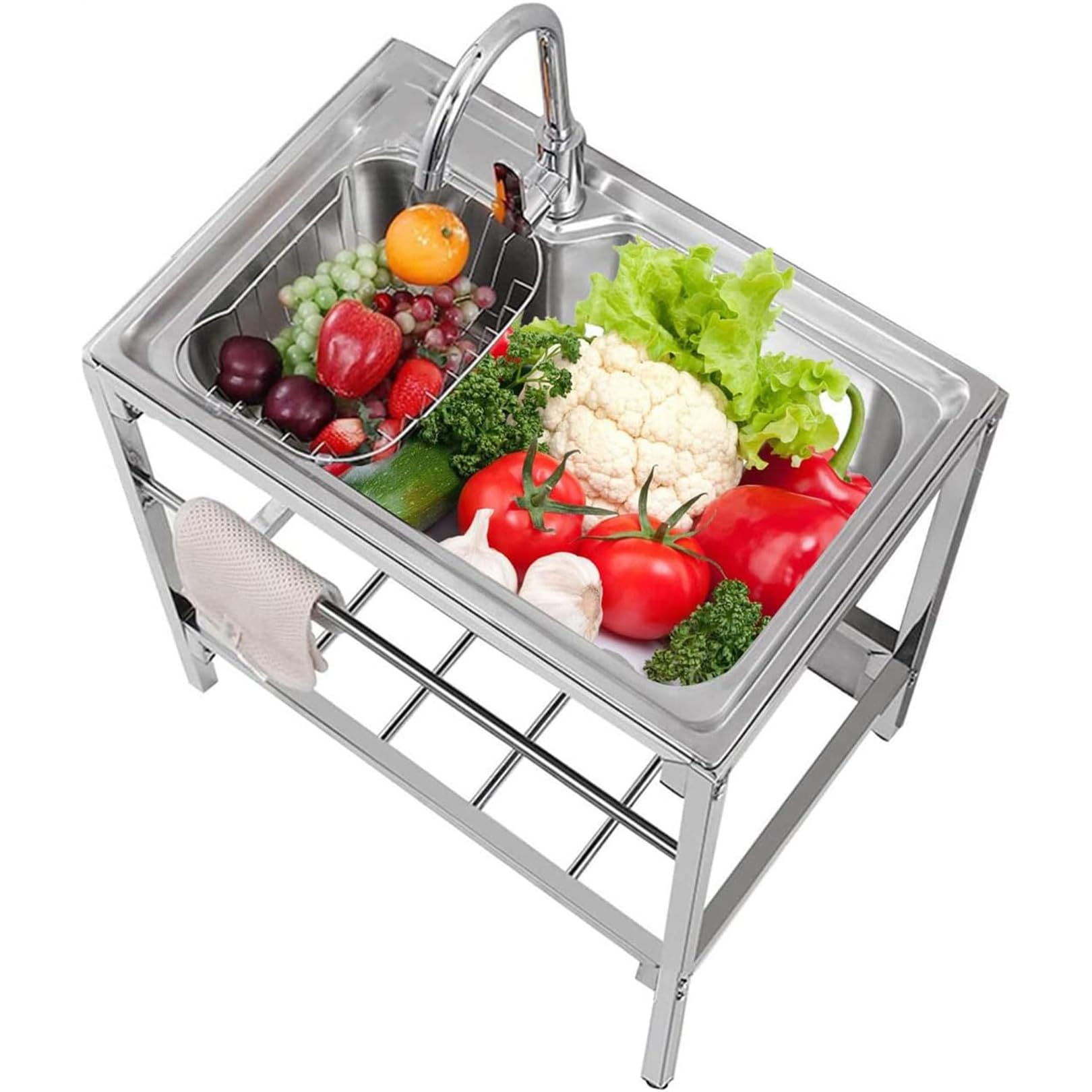 Évier de cuisine commercial inox 1 bac avec robinet eau chaude froide pour buanderie