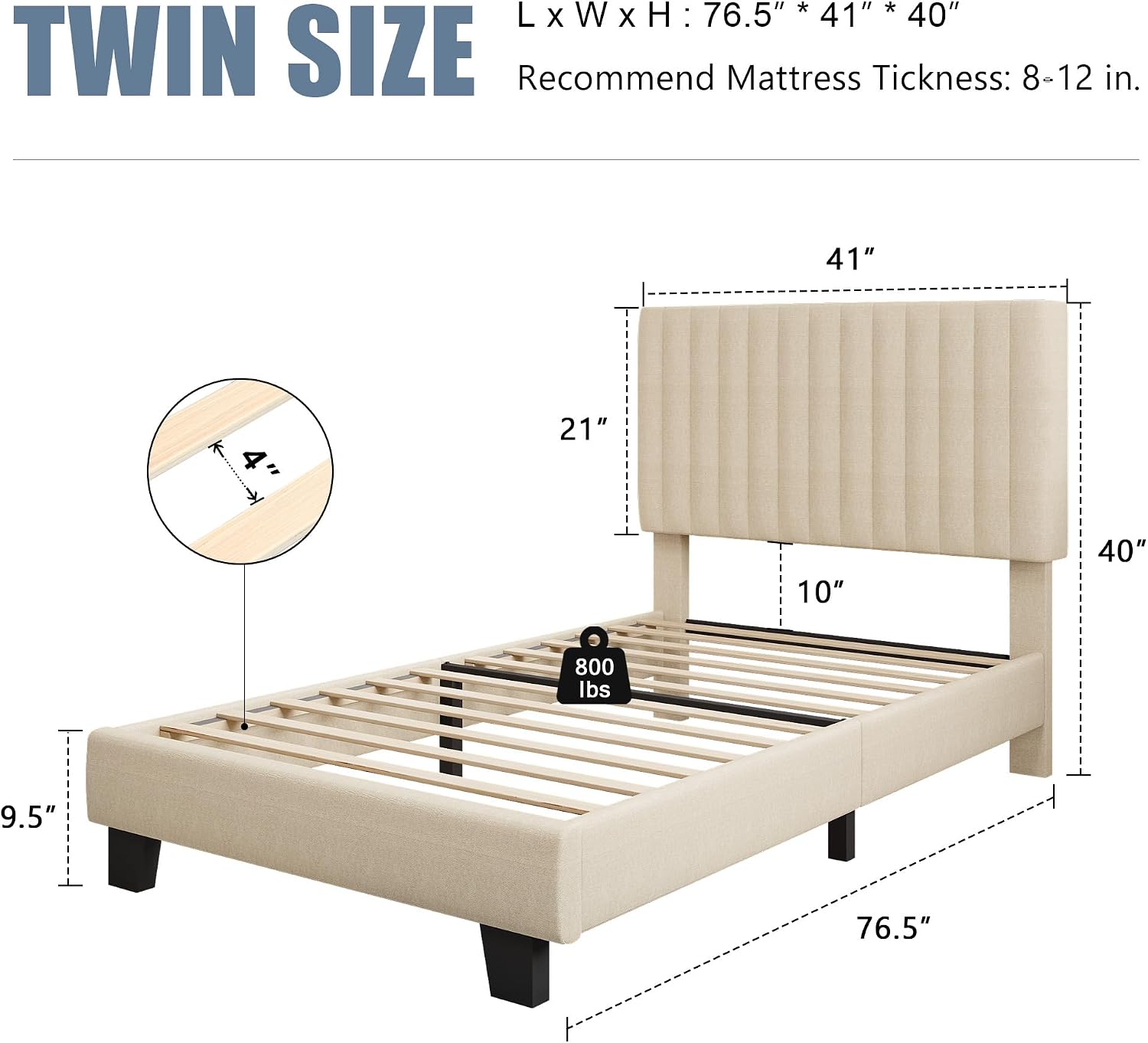 Einhomn Twin Size Bed Frame with Headboard, Upholstered Linen Platform Bedframe with Solid Wooden Slats, Noise-Free, No Box Spring Needed, Easy Assembly, Beige