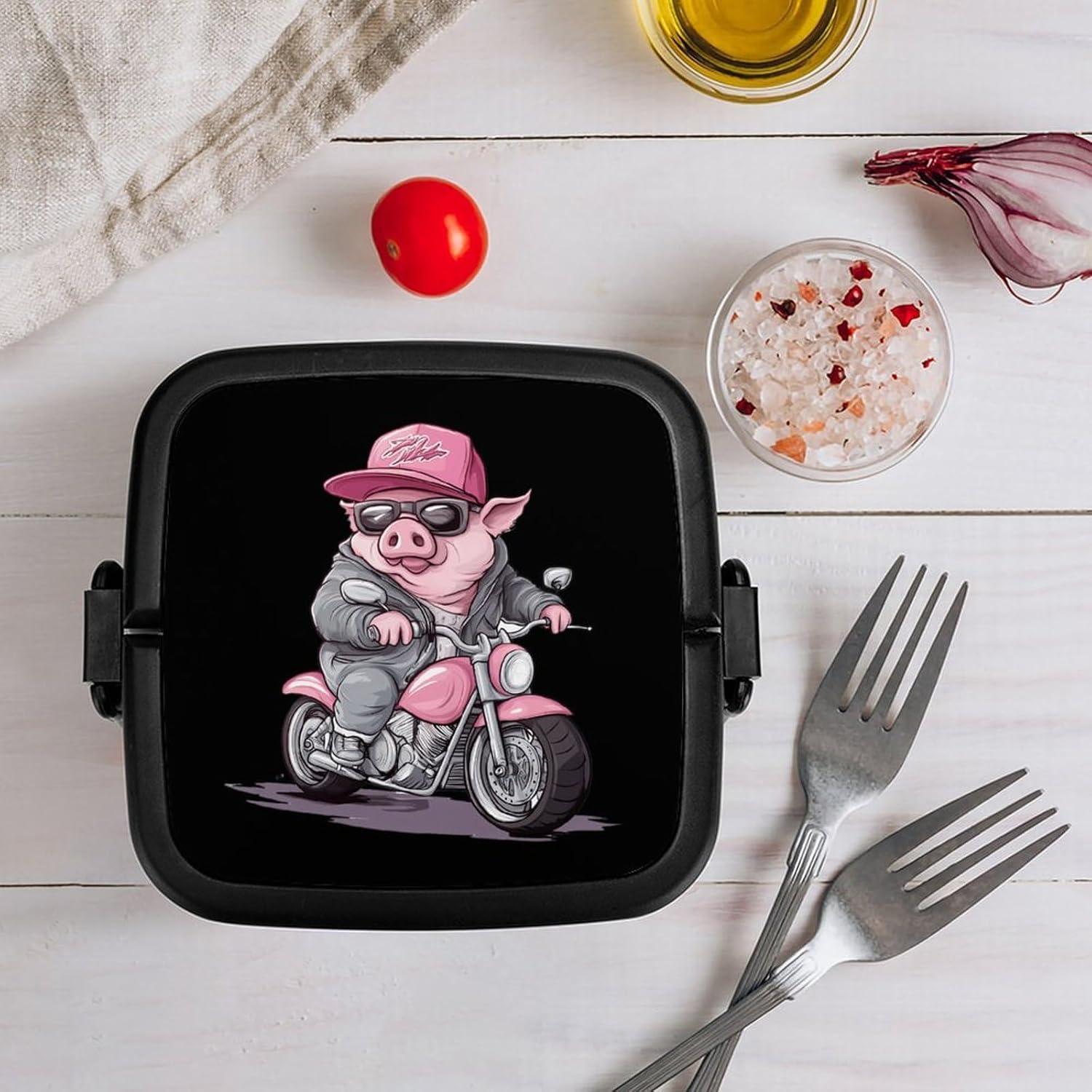 Funny Animal Pigs on Moped Bento Box with Spoon 2 Layer Food Container Cute Lunch Box for Travel Dining Work