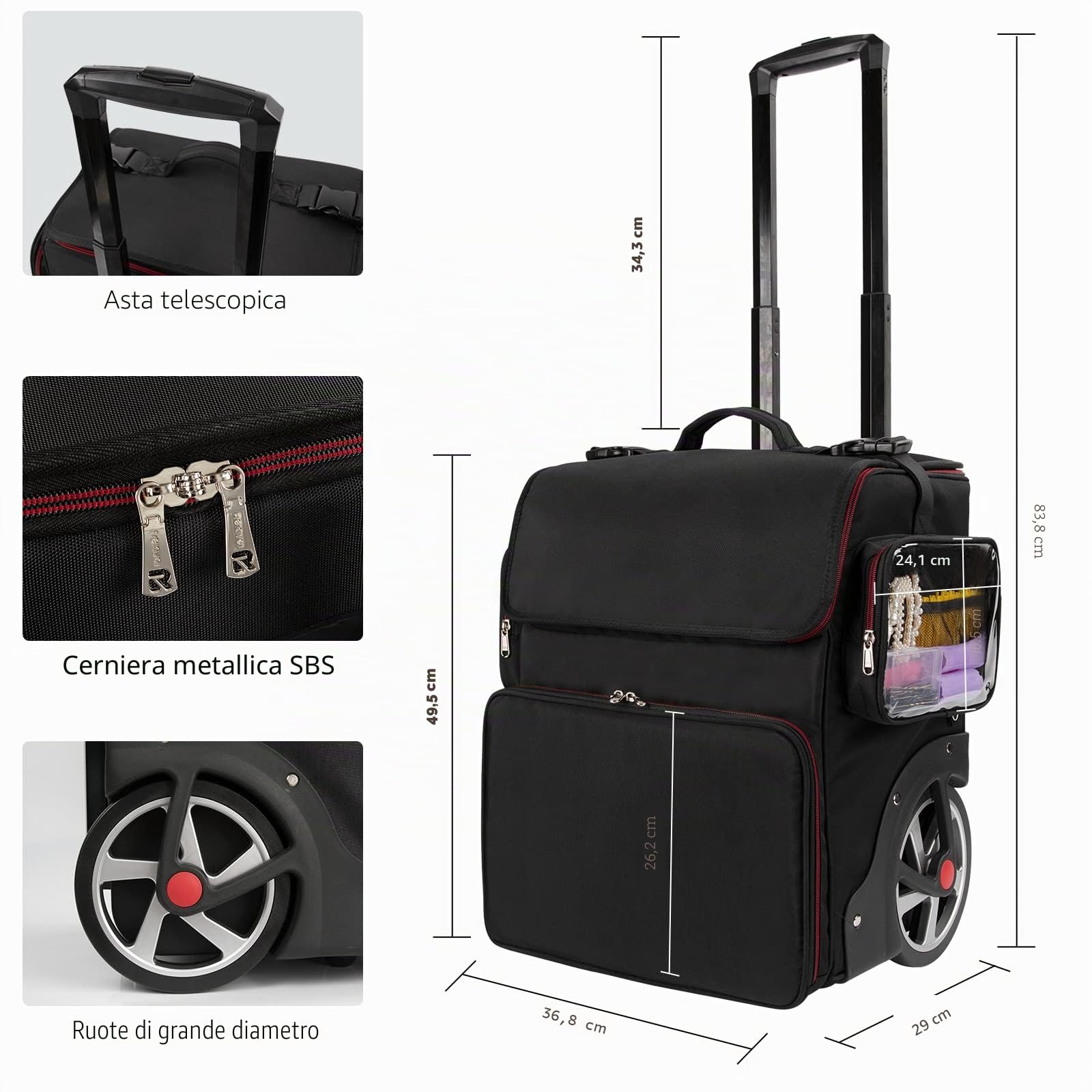 Grande valigetta cosmetica, custodia cosmetica per parrucchiere, borsa organizer per parrucchiere, isolamento termico, anti-scottatura, trolley con ruote, 1 trolley, Trolley per cosmetici extra grande