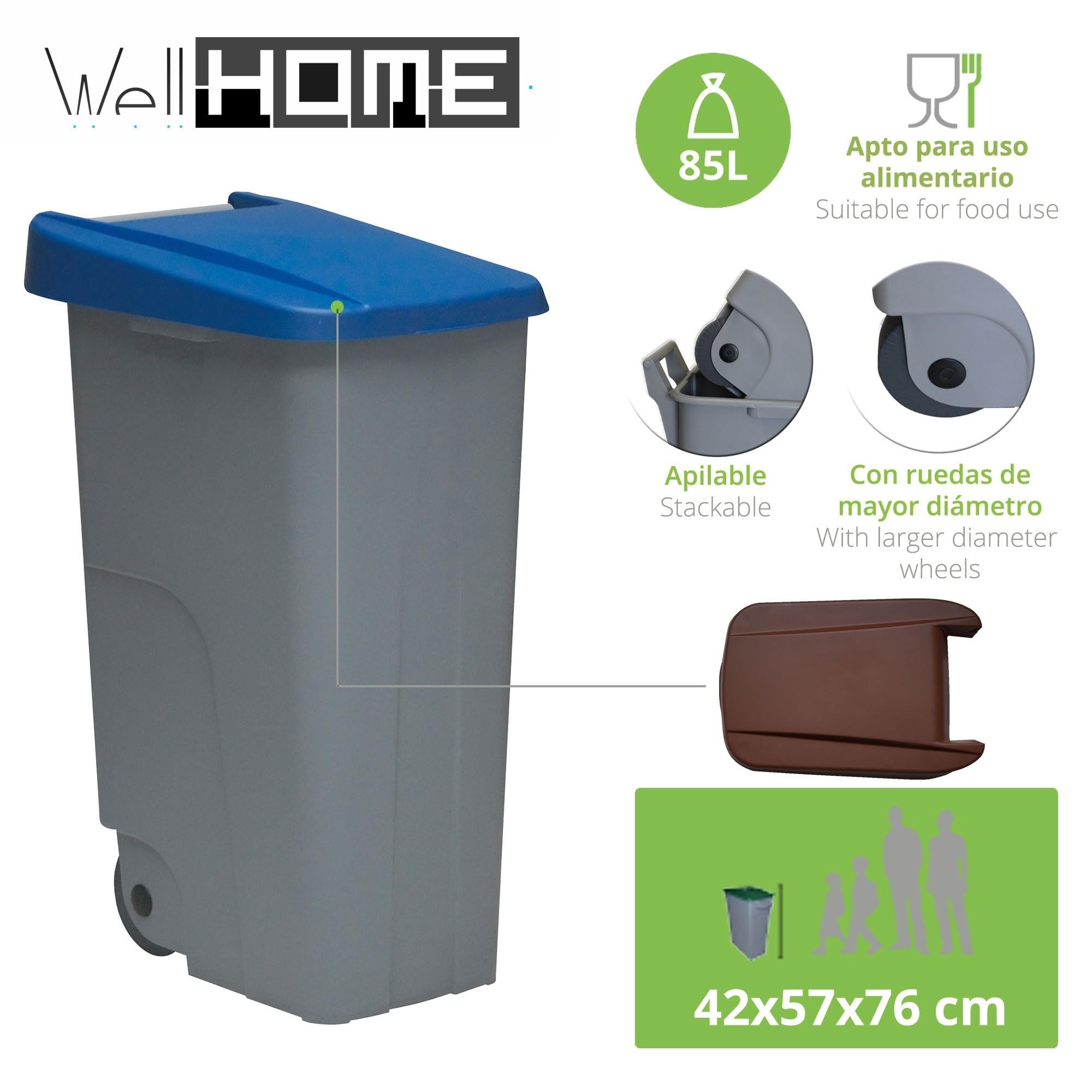 WELL HOME MOBILIARIO & DECORACIÓN Contenedor Cerrado 85L Azul H.76cm + Rollo 10 bolsas de basura 100L