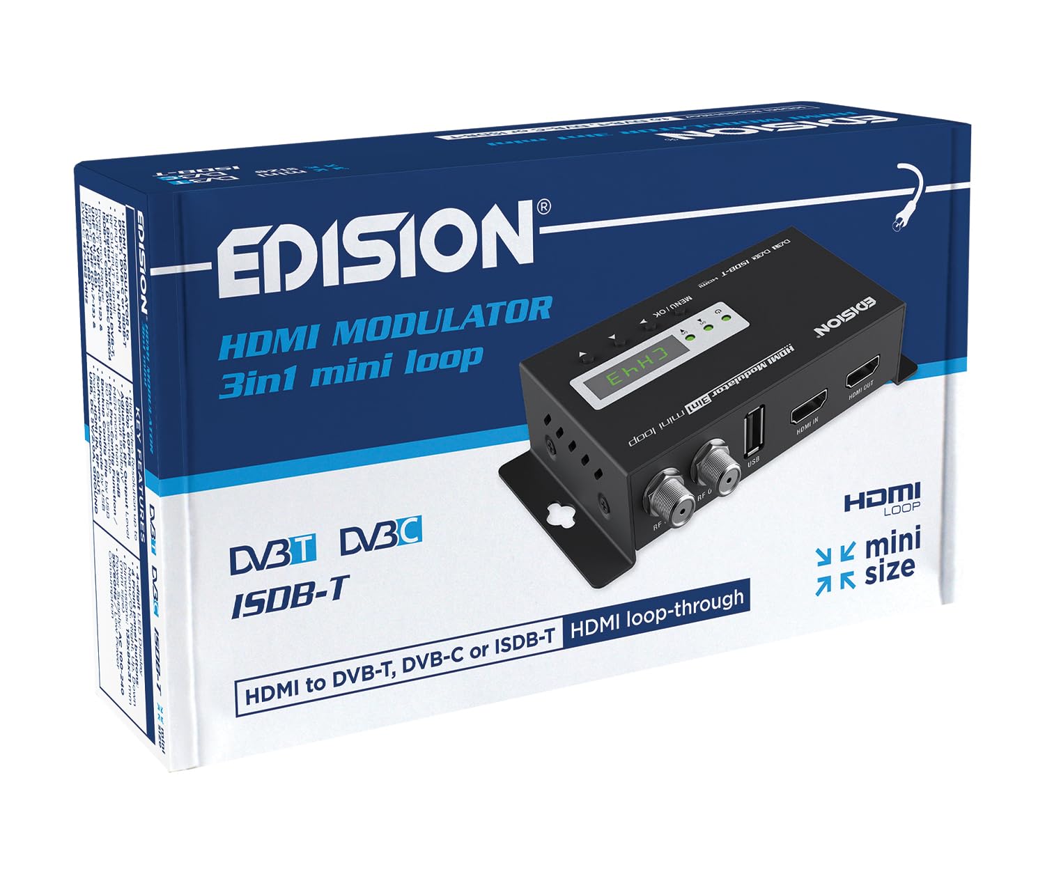 EDISION HDMI Modulator 3in1 Mini Loop, Modulador HDMI a Terrestre DVB-T, ISDB-T o Cable DVB-C, Distribución Full HD sobre Cable Coaxial, Ηdmi-out, RF-in, Tamaño Mini, Pantalla LED, Plug & Play