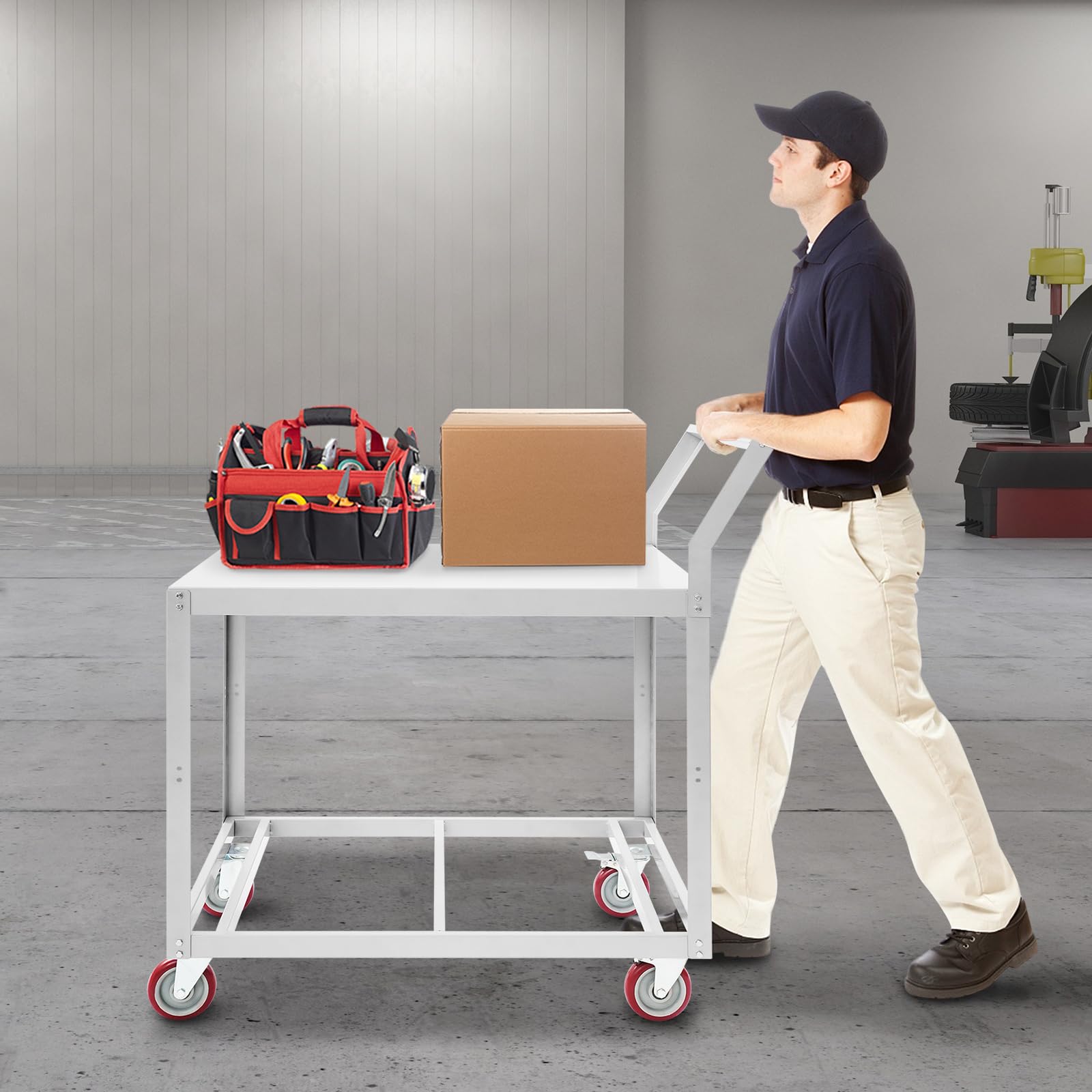 Carro de herramientas con 2 niveles, carro de mesa, carrito de plataforma de acero con ruedas, banco de trabajo con ruedas, carrito multifunción para almacén, garaje, taller, oficina, 90 x 60
