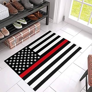 Indoor Door Mat American Firefighters Flag Non Slip Front Door Welcome Rugs,Respect USA Red Thin Line Stripe Flags Floor Entrance Doormats for Kitchen Bathroom Living Room Entry Decor 24x16 in