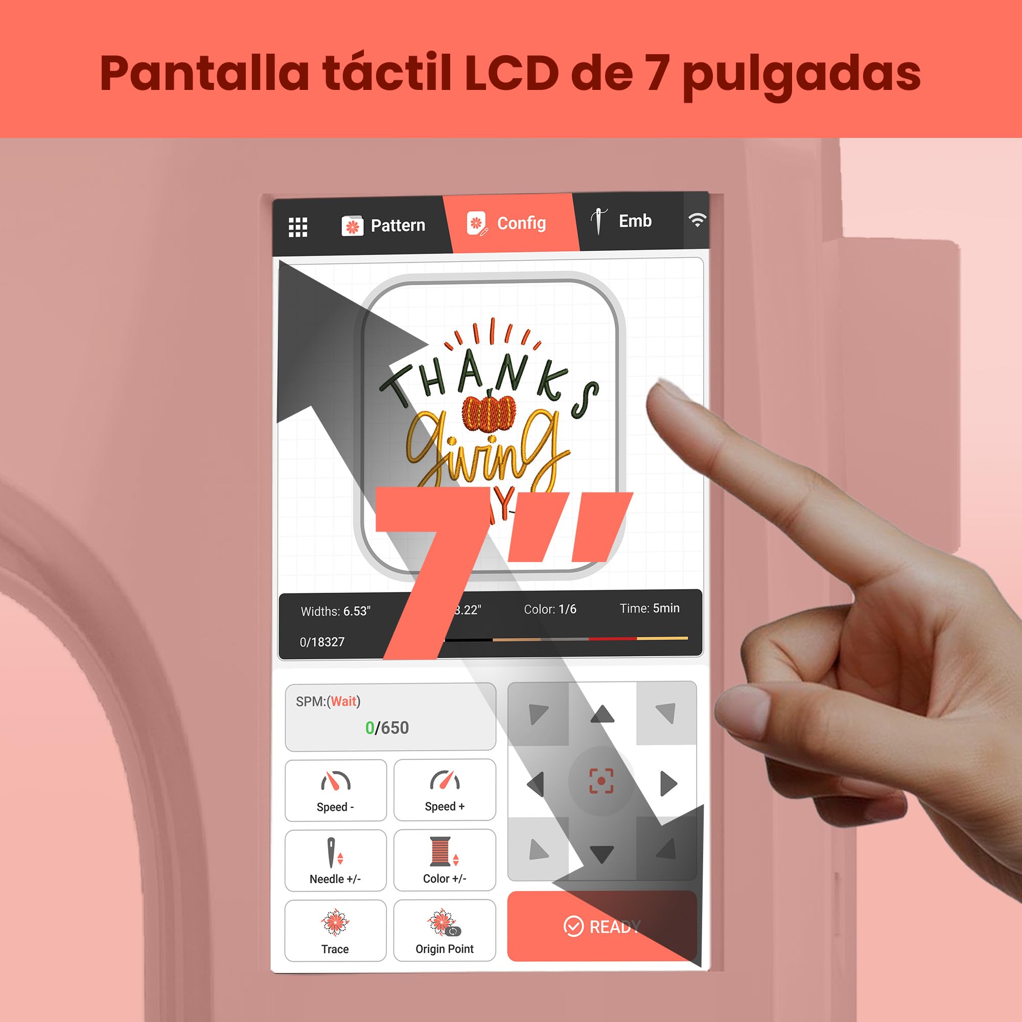 Máquina de bordar PooLin EOC05 - Máquina de bordar electrónica – Pantalla táctil LCD de 7", marcos de 10×10 cm y 10×23,5 cm, importación de motivos USB/Wi-Fi, ideal para principiantes y expertos