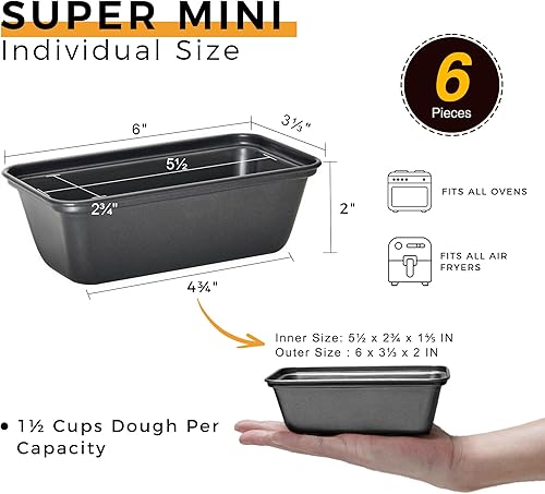 Miniatura 2 de HONGBAKE Paquete de 6 mini moldes para pan para hornear pan, 6 x 3.3 x 2 pulgadas, antiadherentes, juego de moldes pequeños para pan de plátano