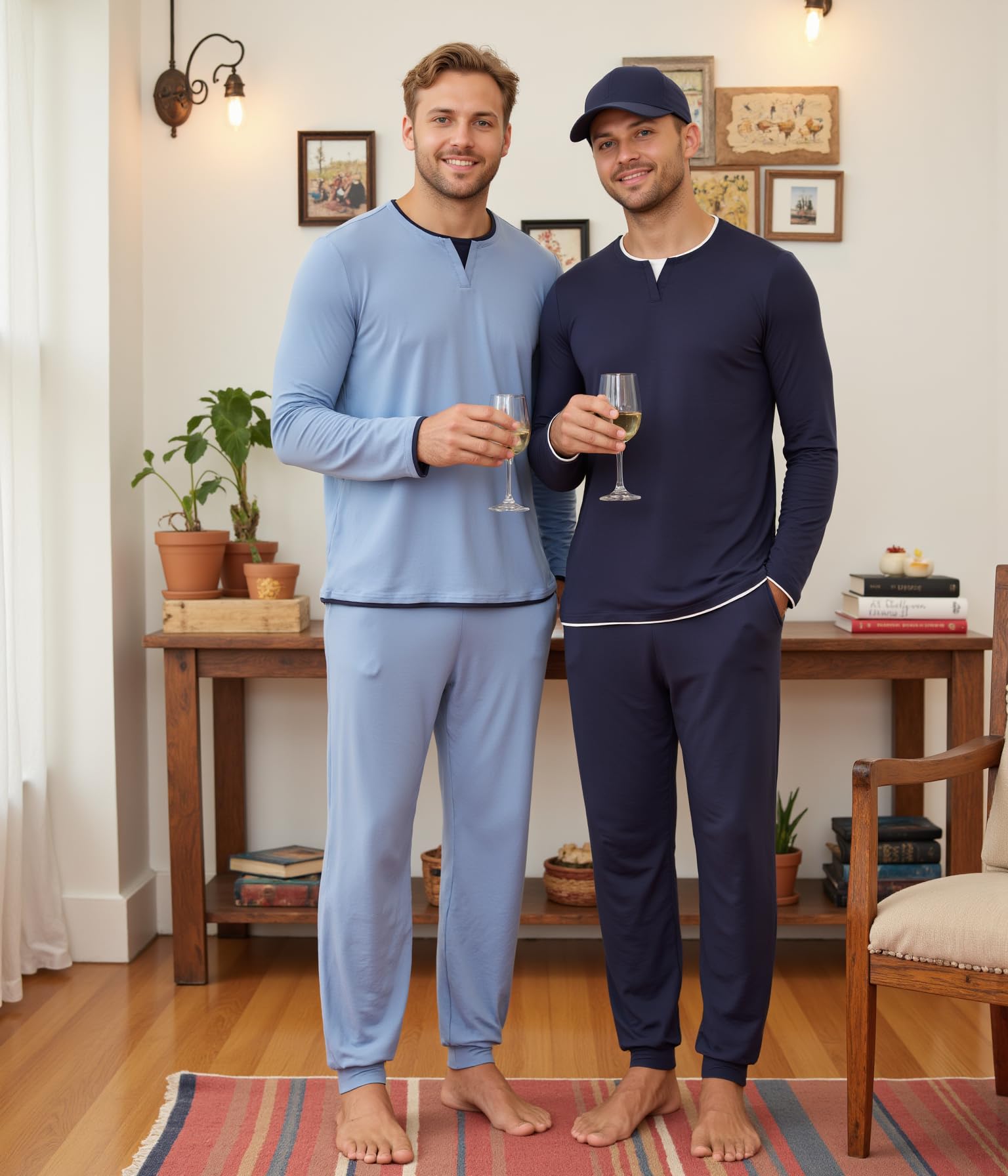 Jahetuul Pigiama Uomo Invernale Caldo Cotone Lungo Pigiami Due Pezzi da Uomo Maniche Lunghe Top con Design a Colletto Multistrato Lunghi Pantaloni con Tasche e Coulisse