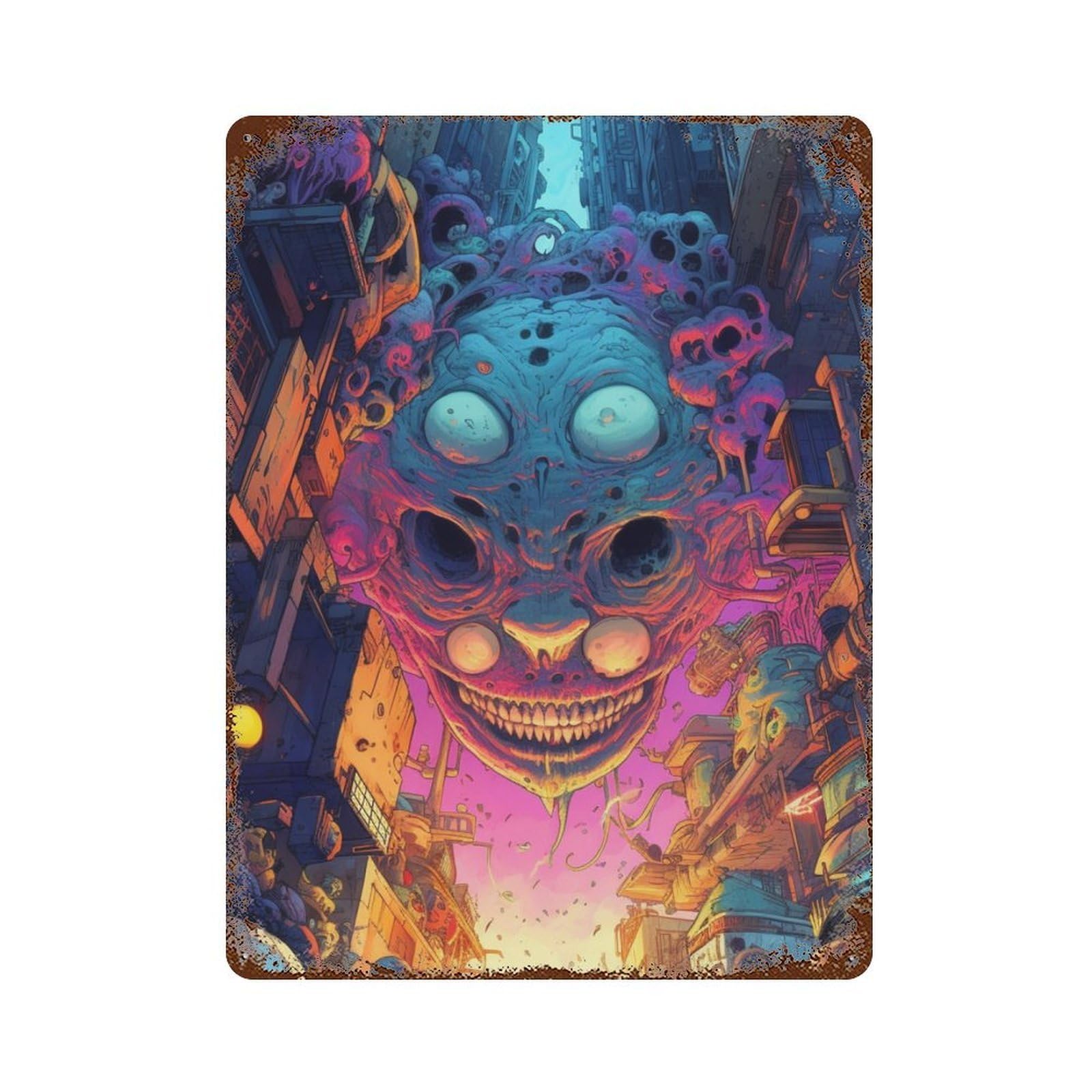 Alien Cityscape Artwork Aged Metal Wall Plaque 15.7"x11.8", Ideal for Garage, Bar And Workshop Decor