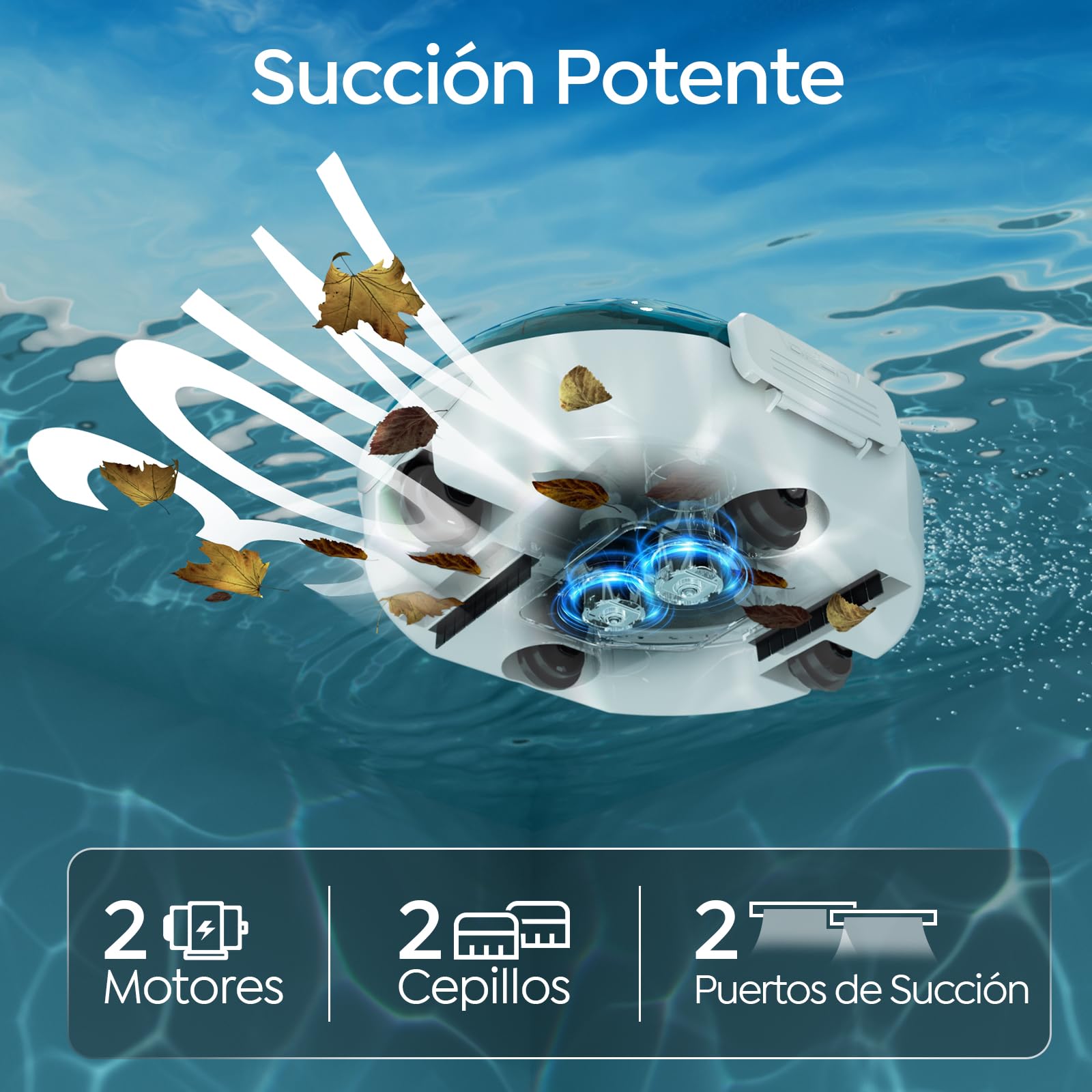S2 Limpiafondos Piscina, Robot Inalámbrico, Doble Filtración y Doble Motor, 90min Autonomía, 2,5H Carga Rápida,Autoestacionamiento, para Piscinas de Fondo Plano hasta 80m²,BLU Perlato Bianco