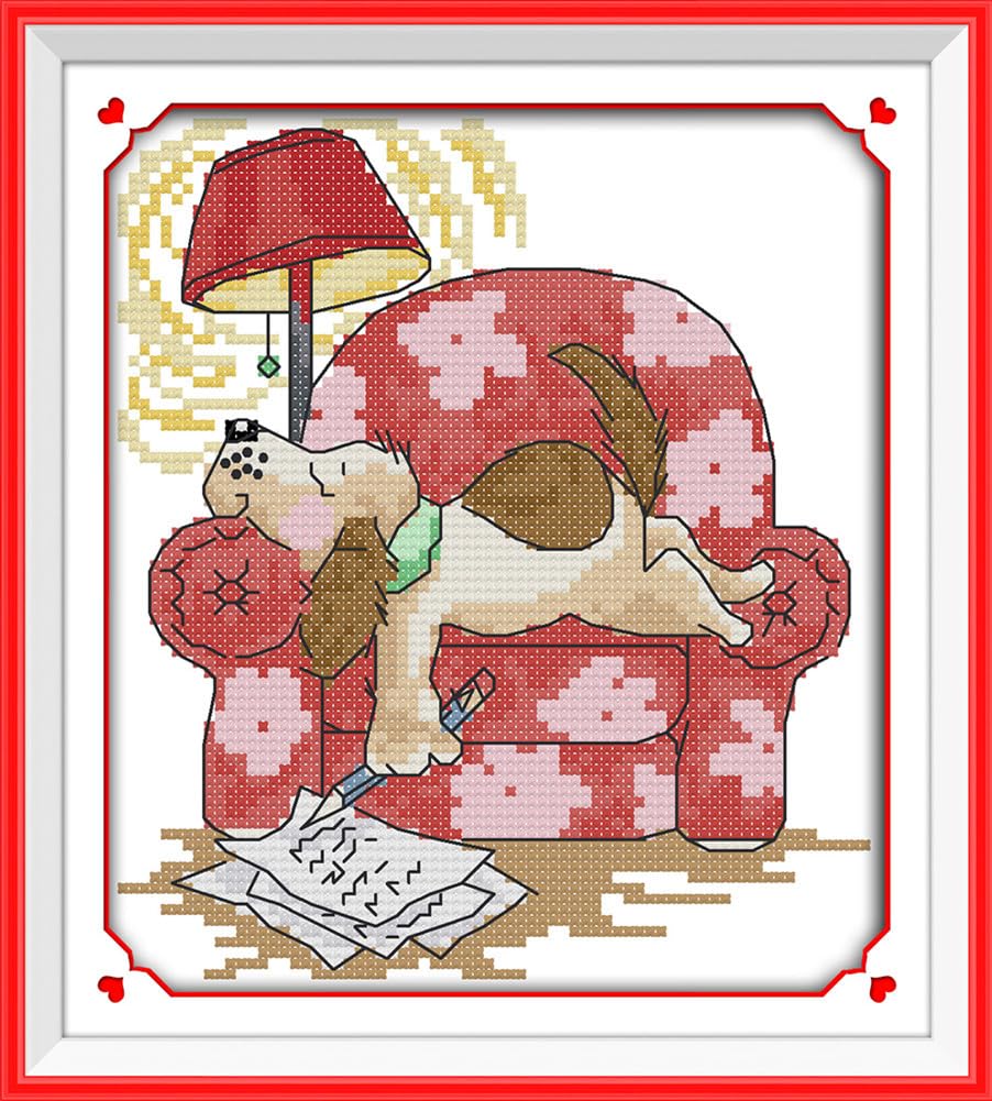 Amiiba クロスステッチ刺繍キット図案印刷済み 11ct 書く犬 プリント済み DIY ウォールアート 装飾 初心者 図柄印刷