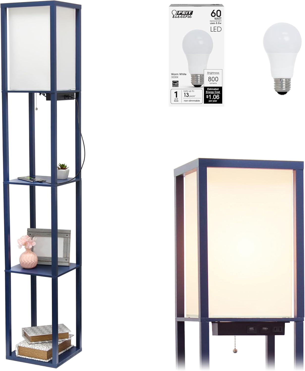 Simple Designs LF1014-AQU Etagere Organizer Storage Shelf Linen Shade Floor Lamp, Aqua