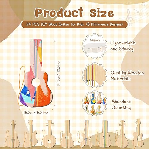 Miniatura 2 de Syhood 24 recortes de guitarra de madera para niños, 12.4 x 6.5 pulgadas, recortes de guitarras de madera para niños y niñas, instrumento musical de