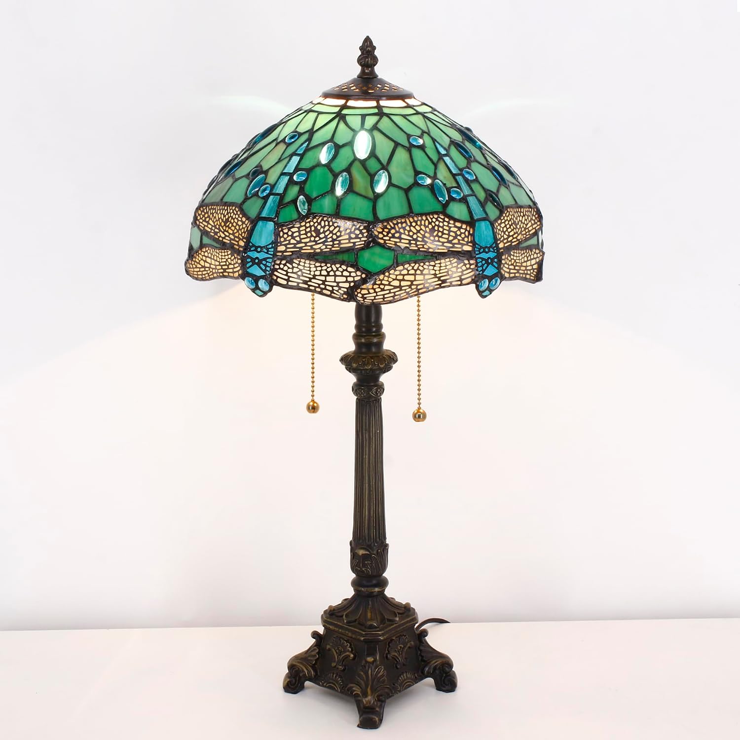 Tiffany Table Lamp Green Stained Glass Desk Lamp 12X12X21 Inches Dragonfly Style Reading Light