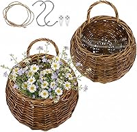 DOITOOL 2PCS Handmade Rattan Woven Hanging Wall Baskets - Rustic Wicker Plant Holders for Flowers, Greenery & Storage | Bohemian Farmhouse Decor