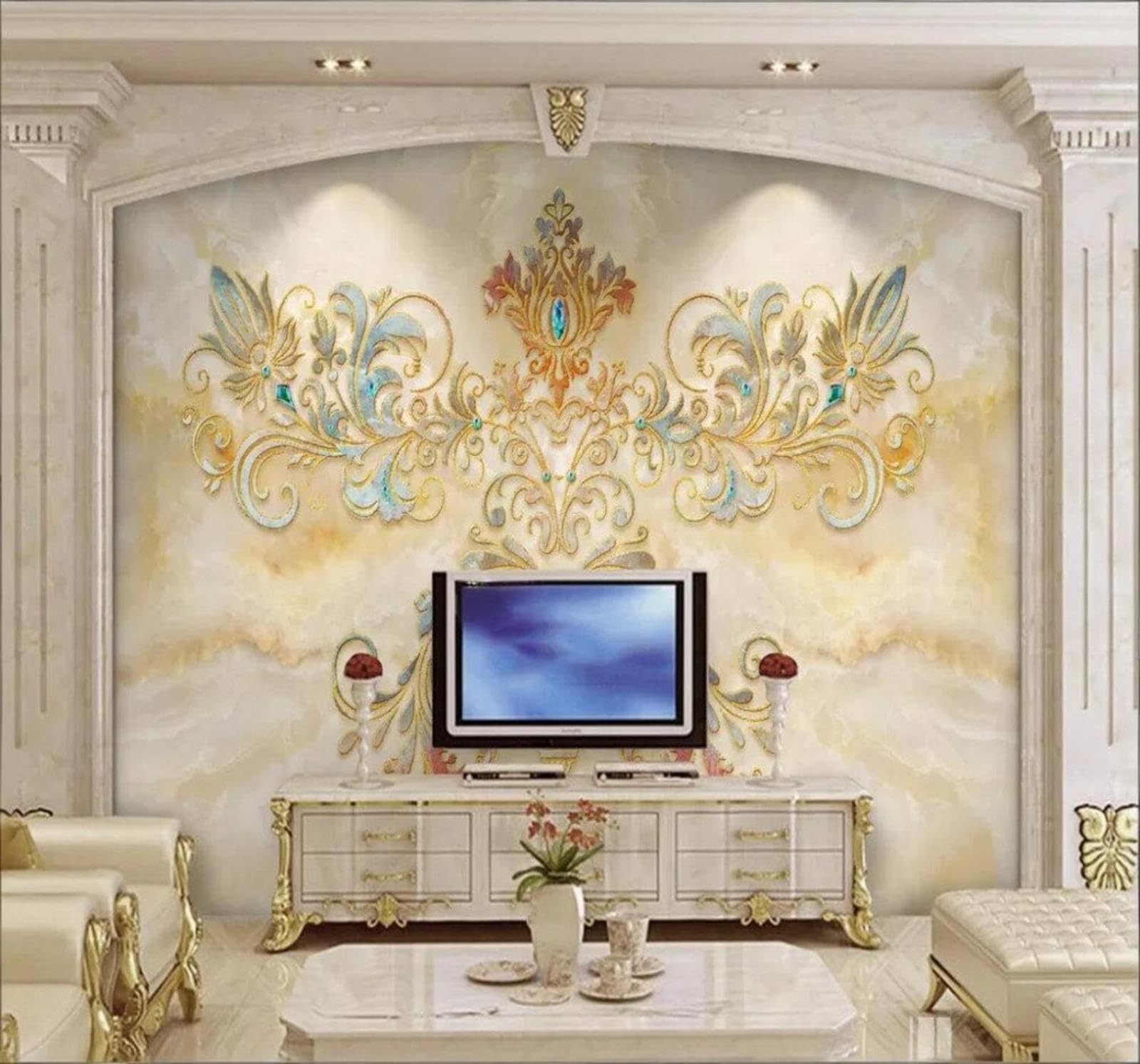 Beautiful Three Dimensional Jewellery Floral Marble Effect 3D Wallpaper Easy Install Feature Office Living Room Sofa Bedroom TV Background Wall Decoration-400cm×280cm
