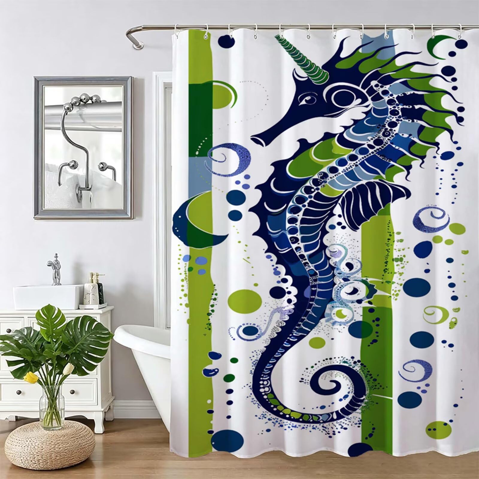 Tenda Doccia in Poliestere verde, Tende per Doccia Extra Lunga 230x180cm, Haima Tenda Vasca da Bagno Tessuto Lavabile, Impermeabile e Facile da Pulire, con 12 Ganci, Decorazione per Bagno, Hotel Z-348