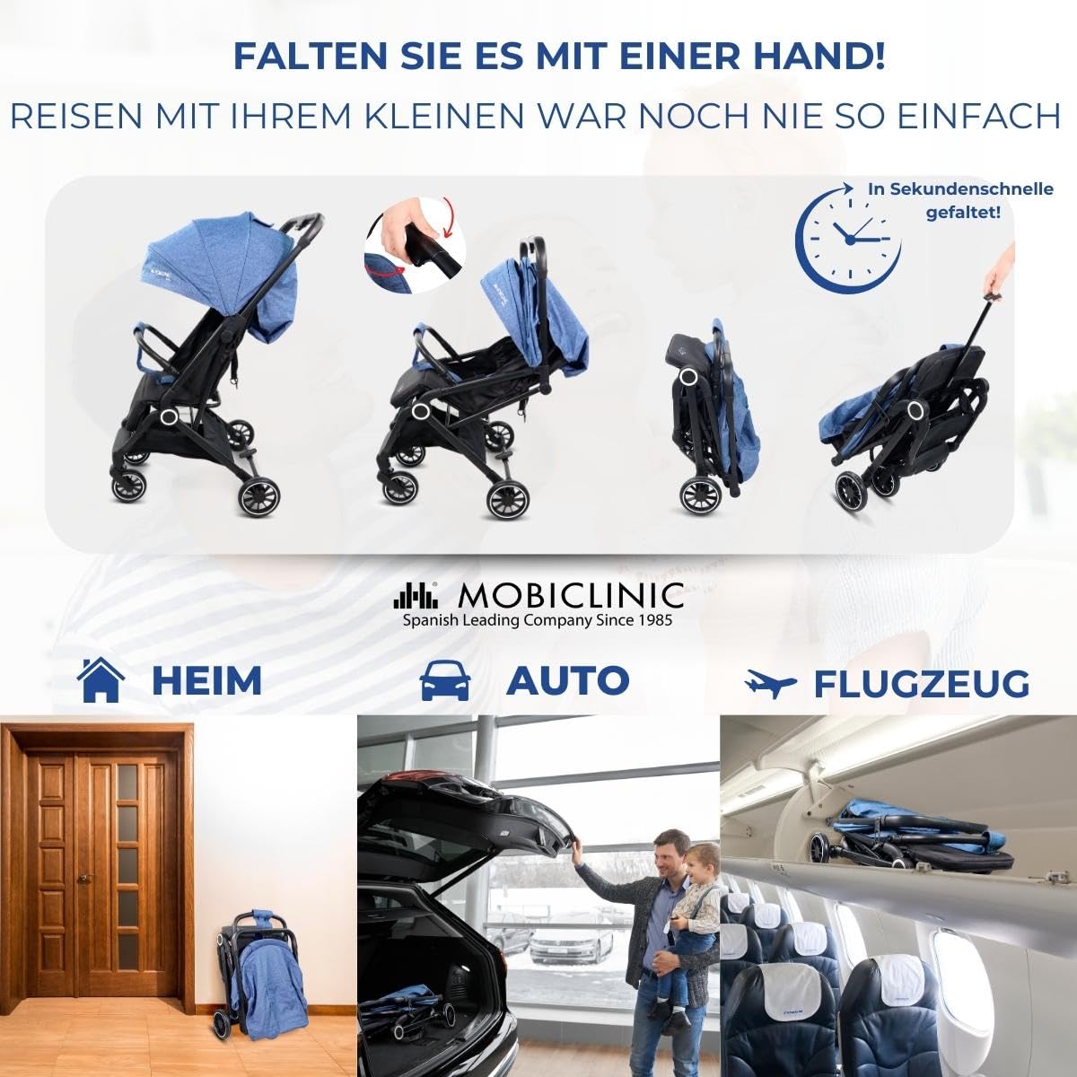 Mobiclinic®, Kinderwagen, Ultraleicht, 5-Punkt-Gurt, Einhandlenker, Zusammenklappbarer Kinderwagen, Korb, 0-36 Monate, Verstellbar, Ausklappbares Verdeck, Feststellbremsen, Trip