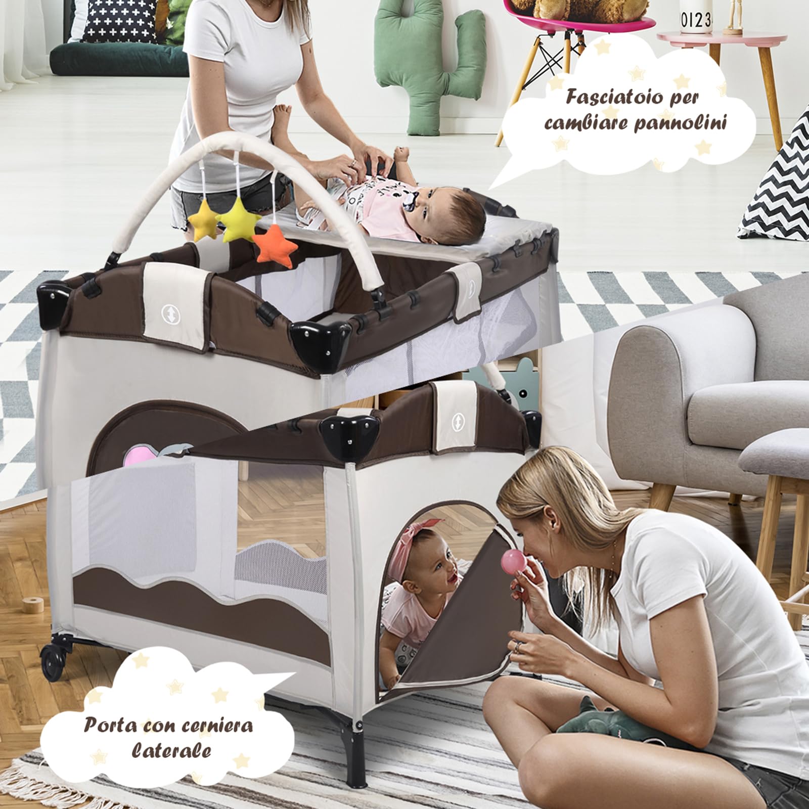 COSTWAY Lettino da Viaggio, Lettino da Campeggio per Bambini Culla Neonato, Incluso Materasso + Accessori, 125 x 66 x 77 cm (Marrone)