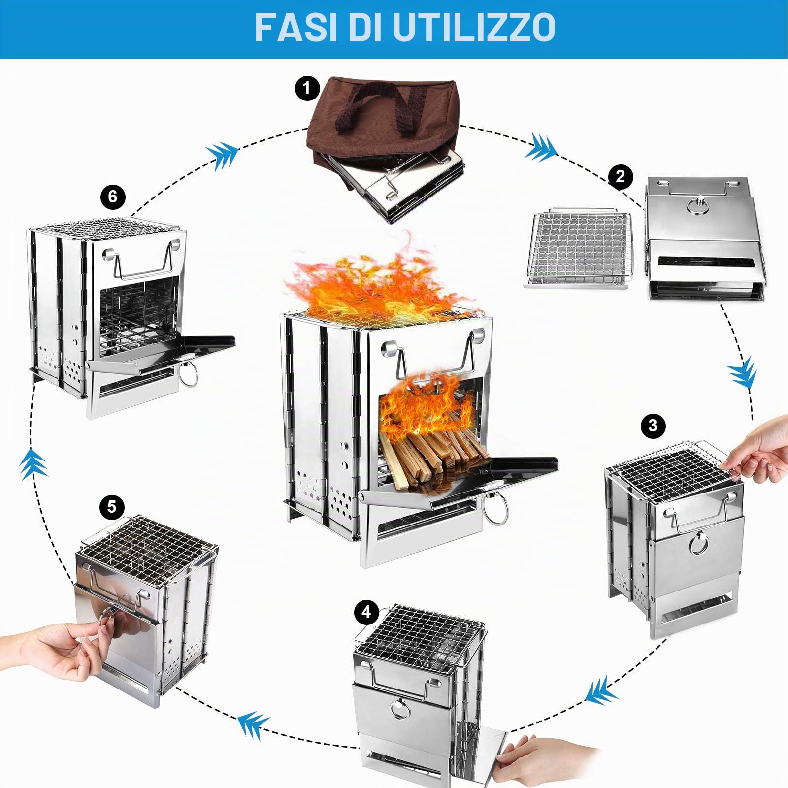 WADEO Stufa a Legna Portatile da Campeggio, Con Sega a Corda e Borsa Portaoggetti, Pieghevole in Acciaio Inox, Piccola Stufa a Legna per Escursioni, Barbecue, Grill, Zaino in Spalla, Viaggi, Picnic