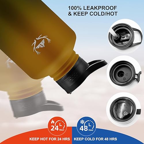 Miniatura 3 de NATURE PIONEOR Botellas de agua aisladas con pajilla, botella de acero inoxidable de 64 onzas con soporte, portador  funda, reutilizable, grado