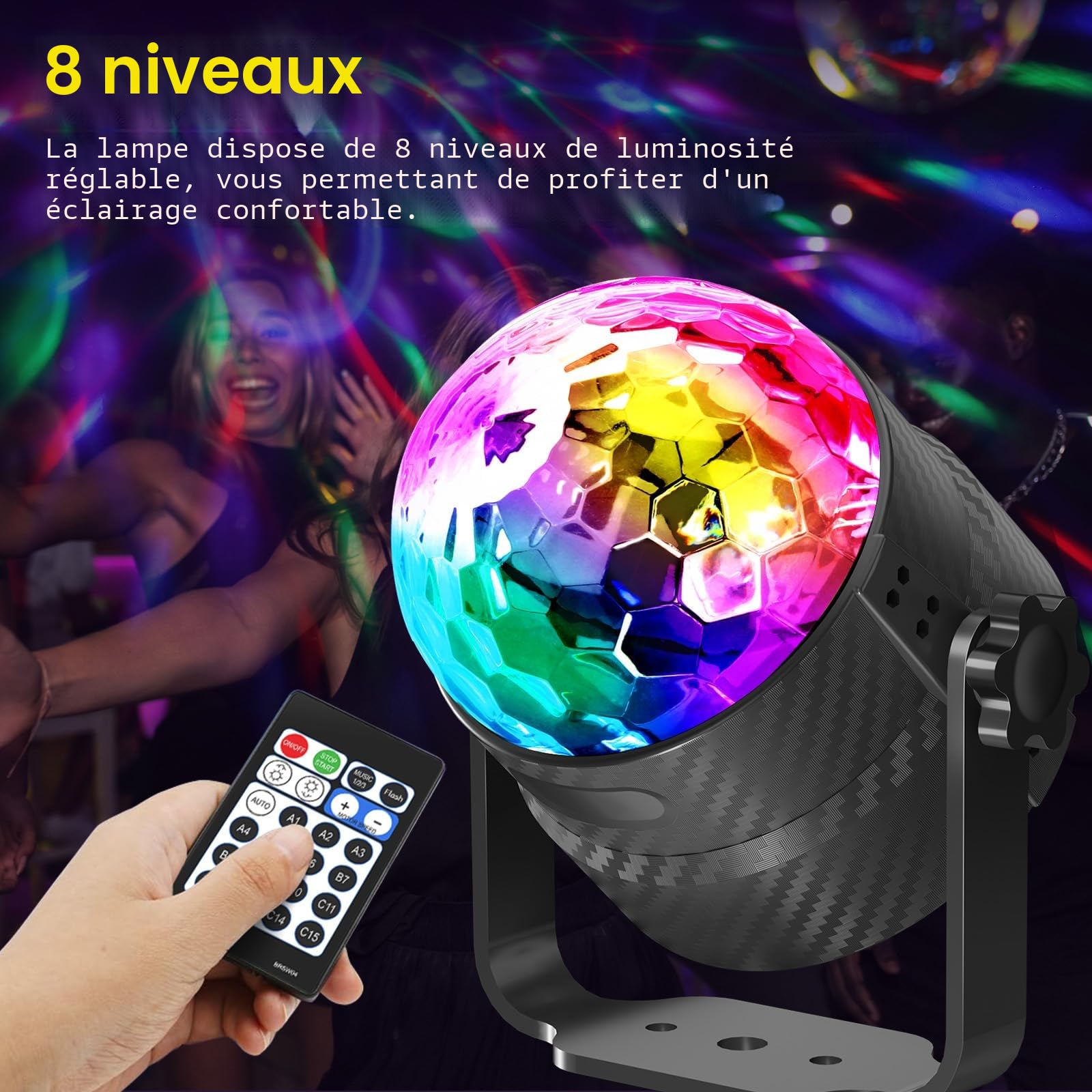 Boule disco, rotation à 360° contrôlée par la musique avec télécommande et câble de 2 mètres, 15 couleurs RGBP boule a facette Convient pour la Réunion familiale Enfants Fête d'anniversaire