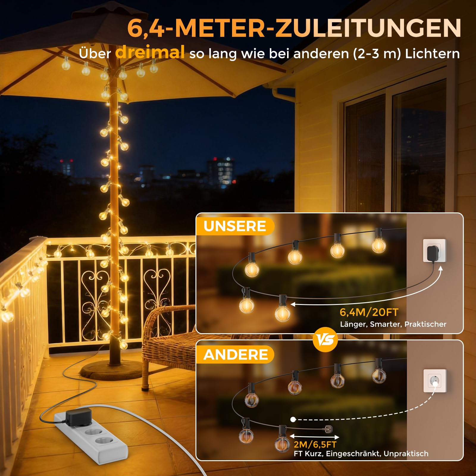 Lichterkette LED Außen Outdoor Strom 91,3 M/300 FT-120+4 G40 Glühbirnen | mit App & Fernbedienung (Doppelsteuerung), Dimmbar & Timer, Wetterfest, Aussen Lichterketten für Garten/Pavillon/Terrasse