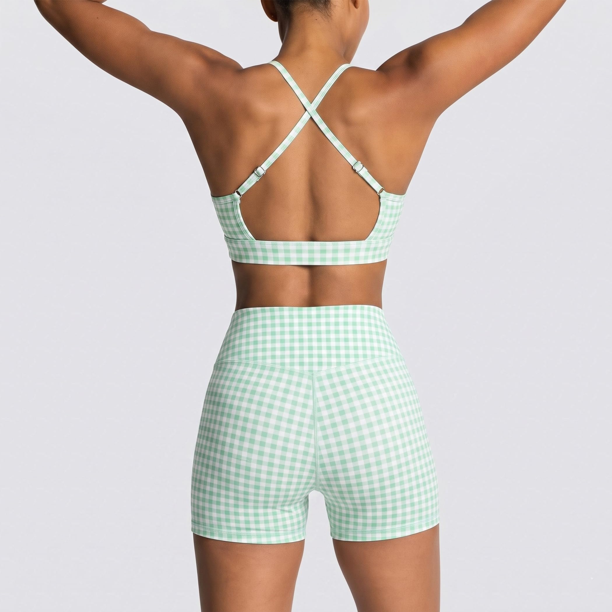 2-teiliges Workout-Set für Damen, Yoga, Pilates, Outfits, Fitnessstudio, passende Sets, Gingham-Muster, Small