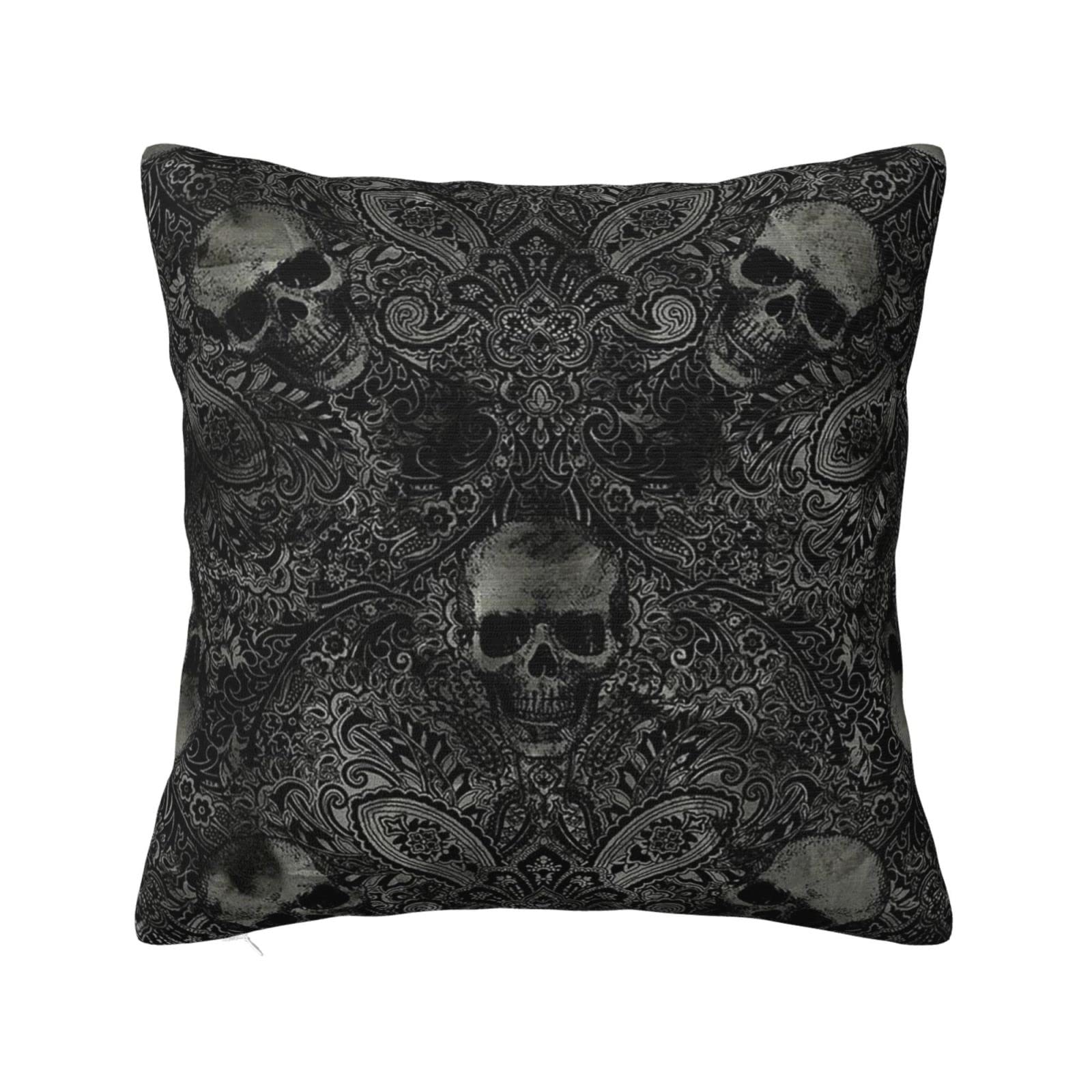Bozhoushihuijingbaihuoyouxiangongsi Pillowcase 1399 Square Throw Pillow Cover Vintage Spooky Black Gothic Skull Damask Cushion Cover Funky Cushion Case Abstract Throw Pillow Case 45X45cm For Home Decorative Car Decor Housewarming Gift
