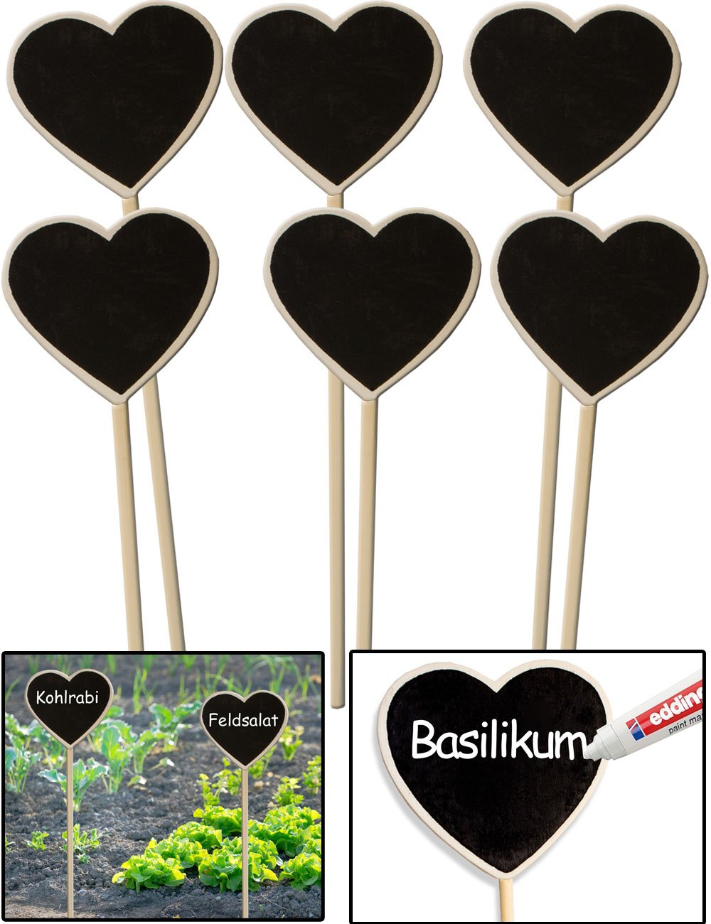 HomeTools.eu 6X Classic Wooden Plant Signs for Beds Balconies Herbs Garden Flower Pot Can Be Written On 22 cm Heart Set of 6 - Image 2