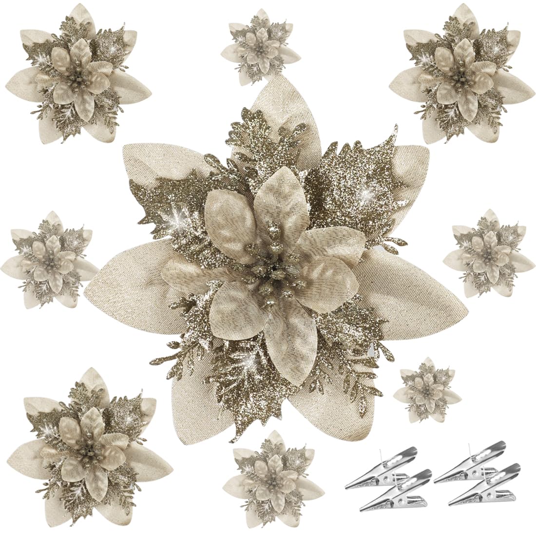 20PCS Christmas Tree Artificial Flowers With Clips Poinsettia Artificial Flowers Xmas Glitter Decorations Garland Wreaths DIY New Year Ornaments Home Garden Decor Wedding Party (Champagne)