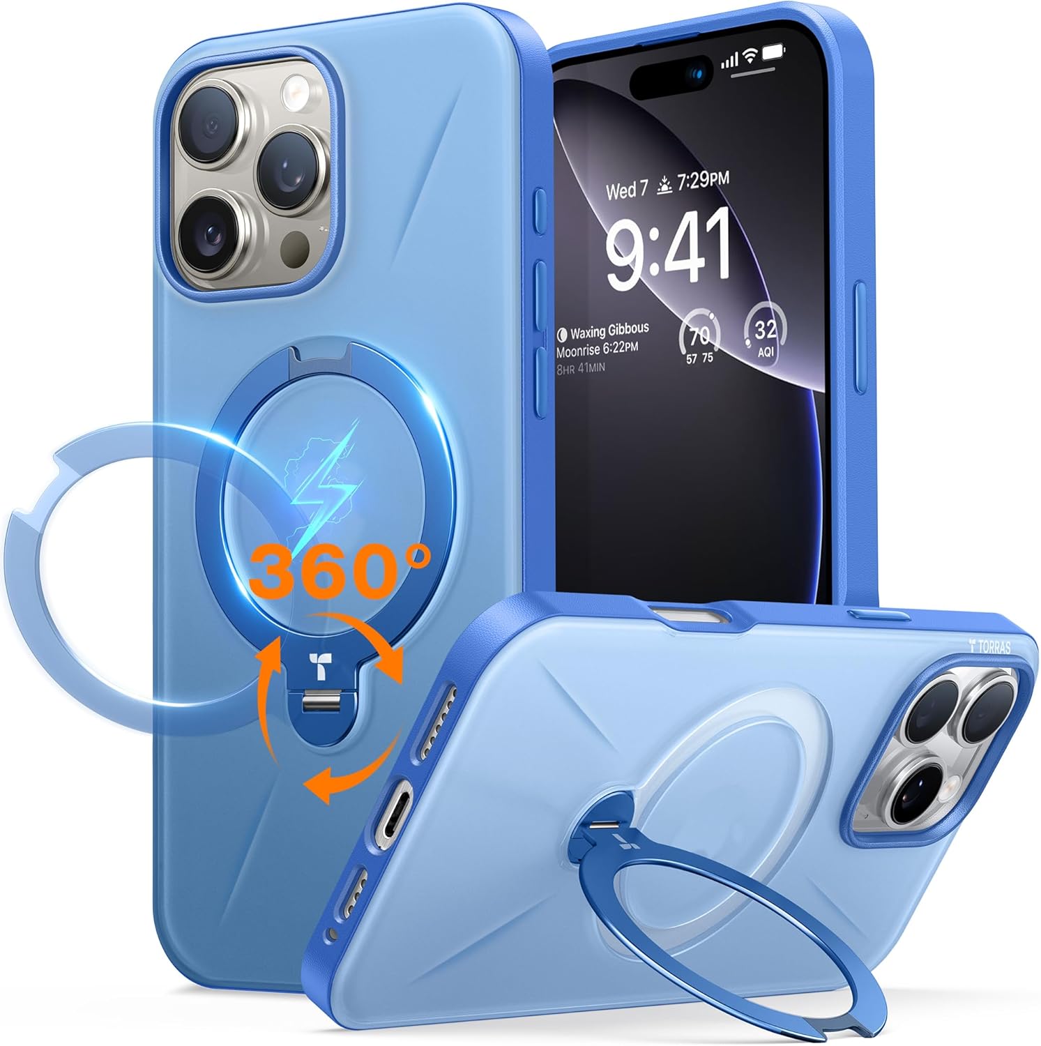 TORRAS 360° Spin Magnetic Stand for iPhone 16 Pro Max Case, Fit for MagSafe, Military Grade Protective Case for iPhone 16 Pro Max Phone Case Ostand with Kickstand Rotatable, Sapphire Blue, 6.9 inch Blue 16 Pro Max Case, 6.9''