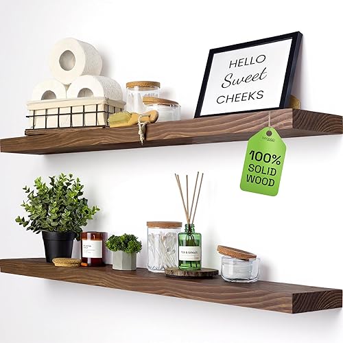 BAOBAB WORKSHOP Solid Wood Floating Shelves for Wall 36 Inches Long, Heavy Duty Wall Shelf for Bedroom 36 Inch Large, Real Wooden Bathroom Shelf Kitchen Rustic, Walnut Shelves, 36W × 6.7D, Set of 2