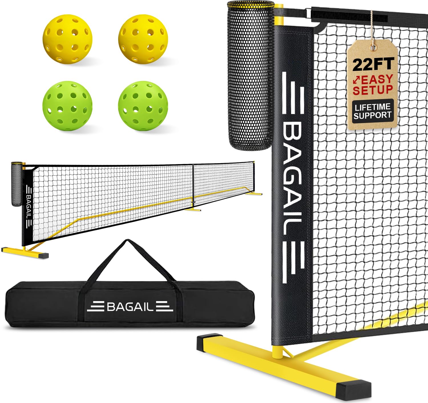 BAGAIL Portable Pickleball Net Set, 22 FT Regulation Size Pickle Ball Net with Ball Collector, 4 Balls and Carry Bag, Easy Setup for Outdoor Indoor Driveway