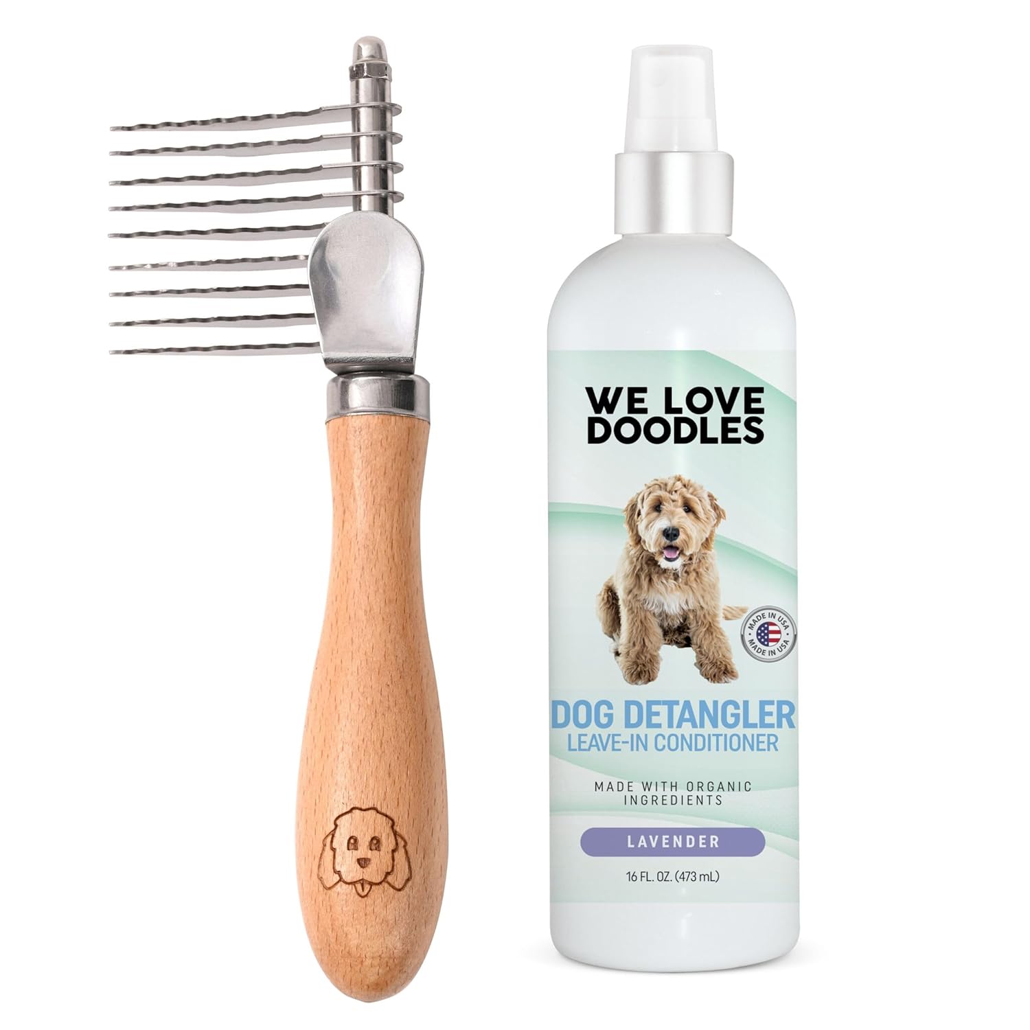 We Love Doodles Dog Dematting Brush & Rake and Dog Detangler Spray Bundle