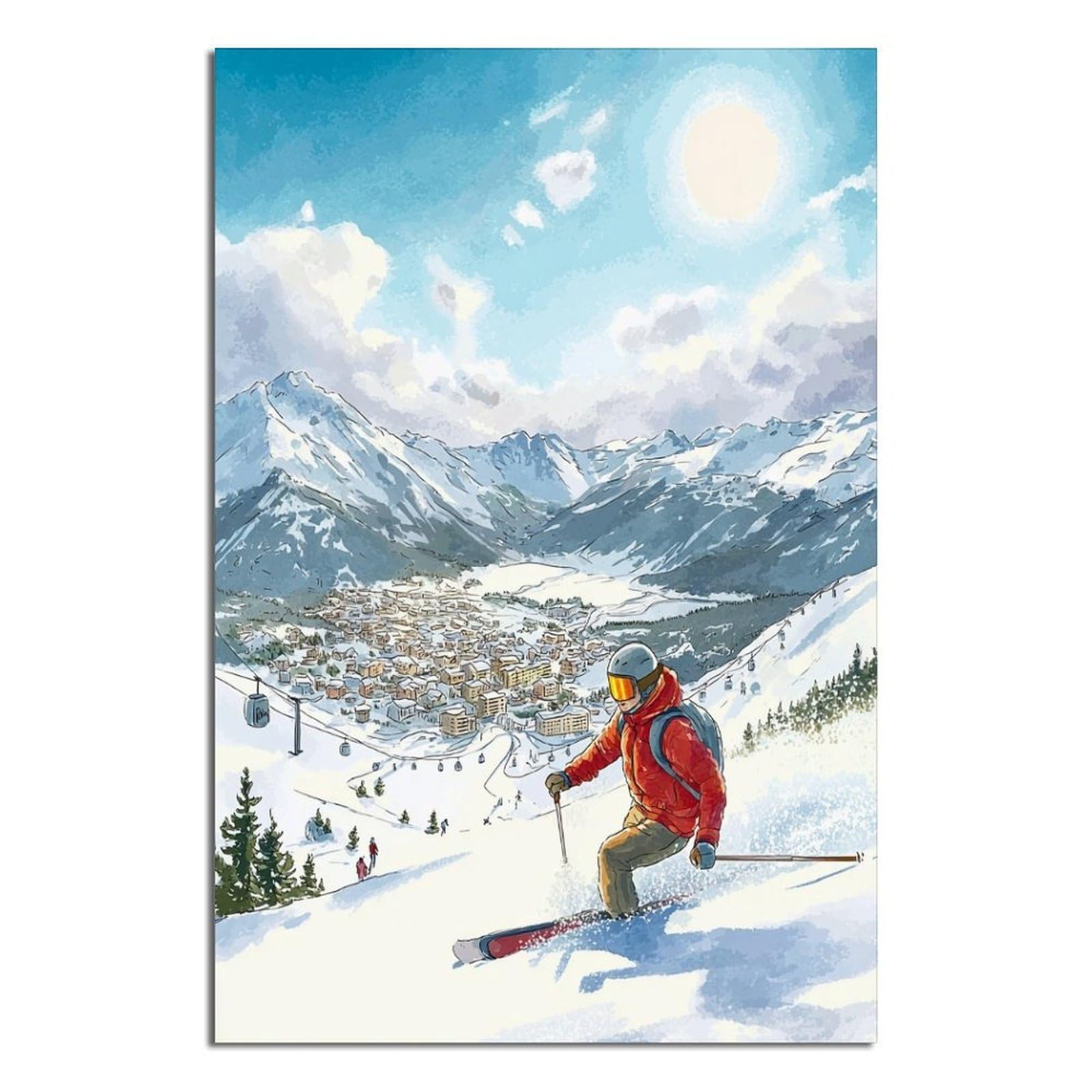 CFXNGA St Moritz Switzerland Ski Posters 24x36inch(60x90cm) Vintage Watercolor Canvas Art
