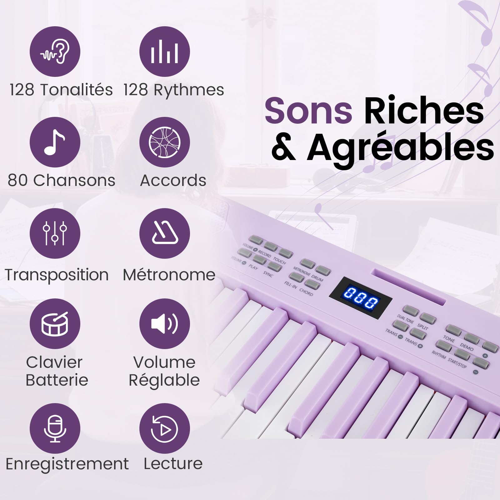 COSTWAY Piano Numérique 61 Touches Pliable avec Casque, Pupitre, Clavier Piano Taille Complète avec Haut-Parleurs, Pédale de Sustain, Fonction MIDI, 128 Sons 128 Rythmes pour Débutants (Violet)