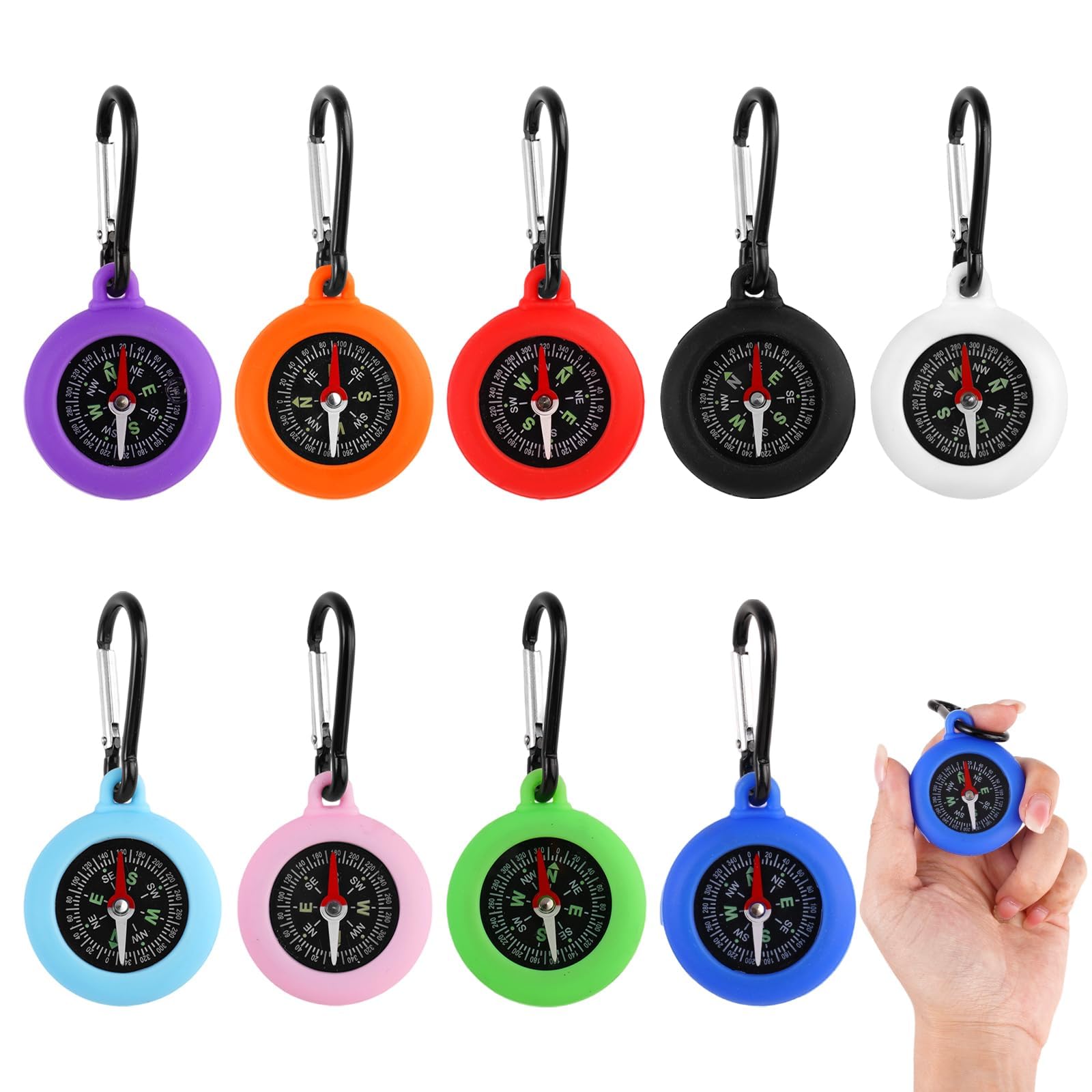 9 Pcs Carabiner Compass Keychain, Portable Mini Compass for Hiking Camping