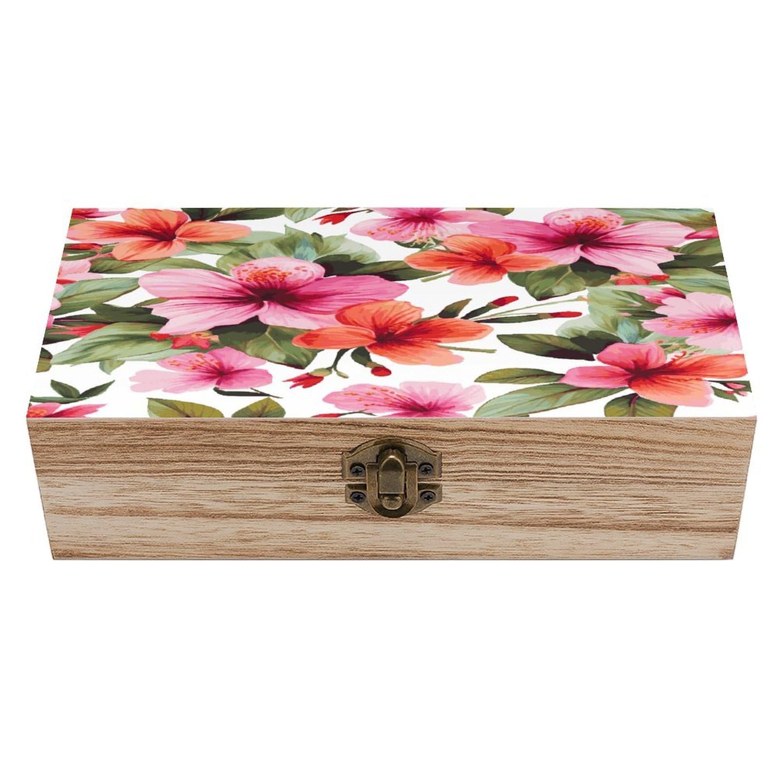 Btcowzrv Style Hawaiian Flower Print1 Wooden Storage Box, Keepsake Box With Hinged And Retro Lock, Wood Jewelry Organizer For Photos & Mementos And Home Decor
