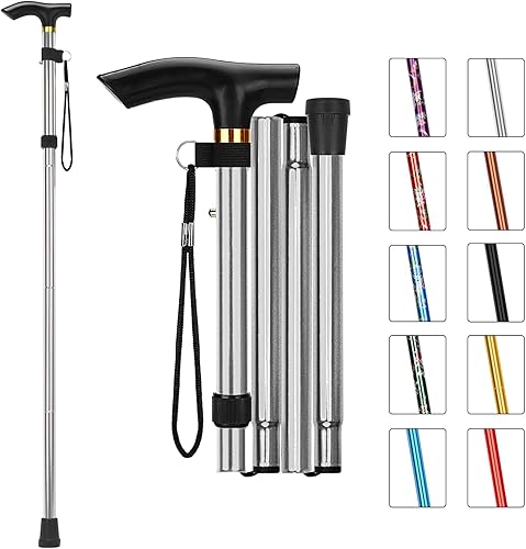 Miniatura 15 de MFE Bastón plegable, portátil de 5 niveles de altura ajustable con diseño plegable, correa de muñeca y mango en T para hombres y mujeres Negro