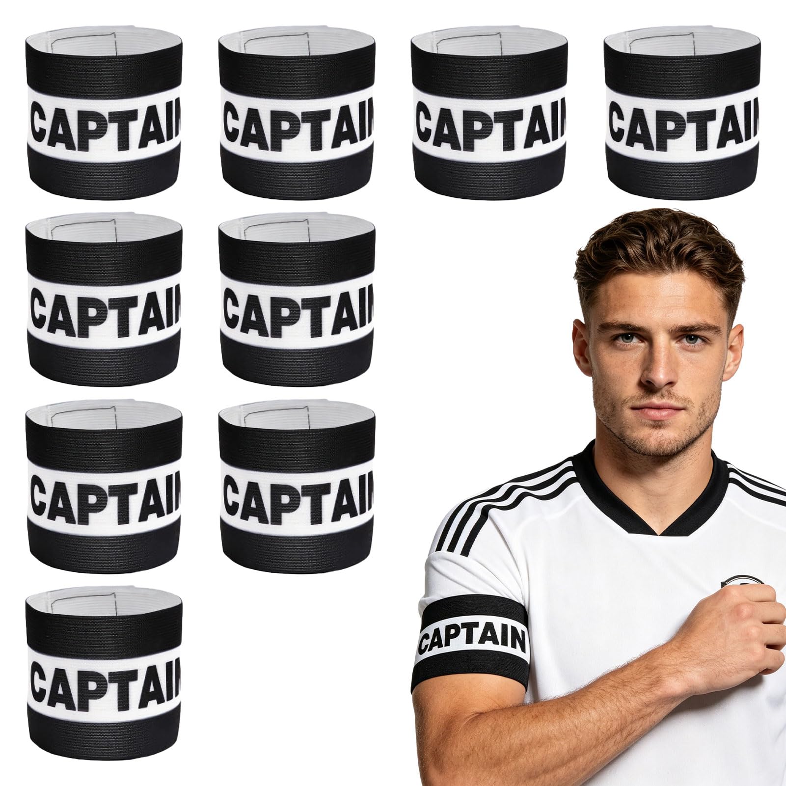 9PCS Captains Armband, Elastic Adjustable Nylon Captain Armband for Youth and Adults, Captains Armbands Football for Hockey, Rugby and Many Other Sports(Black)