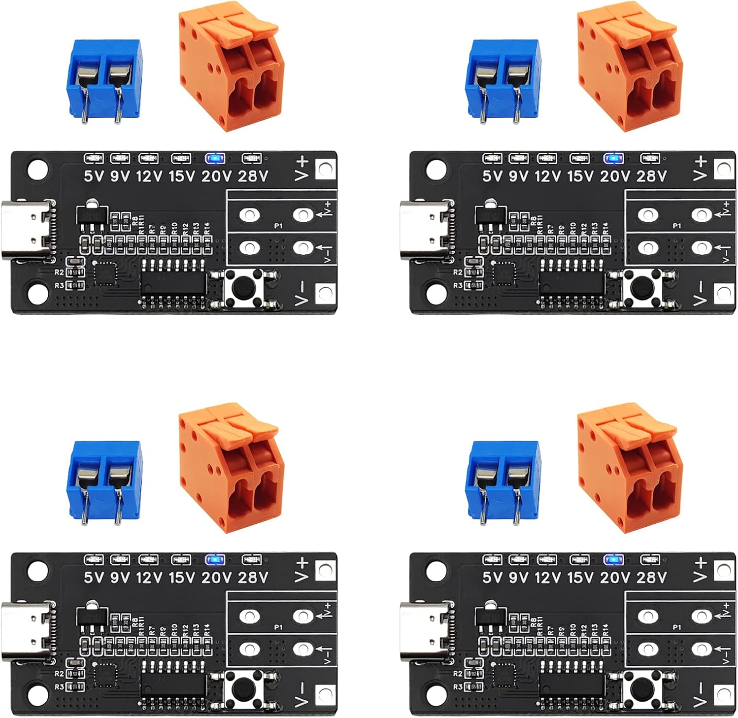 4PCS USB-C PD3.0/3.1 QC Trigger Module USB-C PD 5V 9V 12V 15V 20V 28V 5A Adjustable Voltage Power Trigger Board Type-C Female Input with Indicator