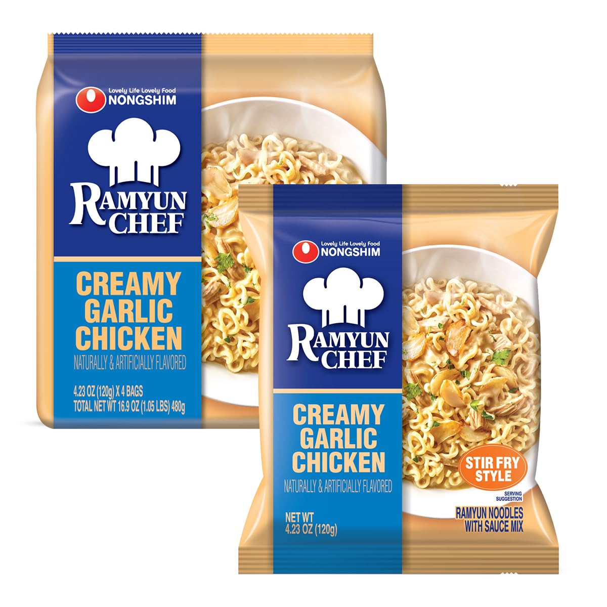 Nongshim Ramyun Chef, Stir Fry Style Instant Ramyun Noodles with Sauce Mix, Garlic Chicken, 4.23 Oz (Pack of 4)