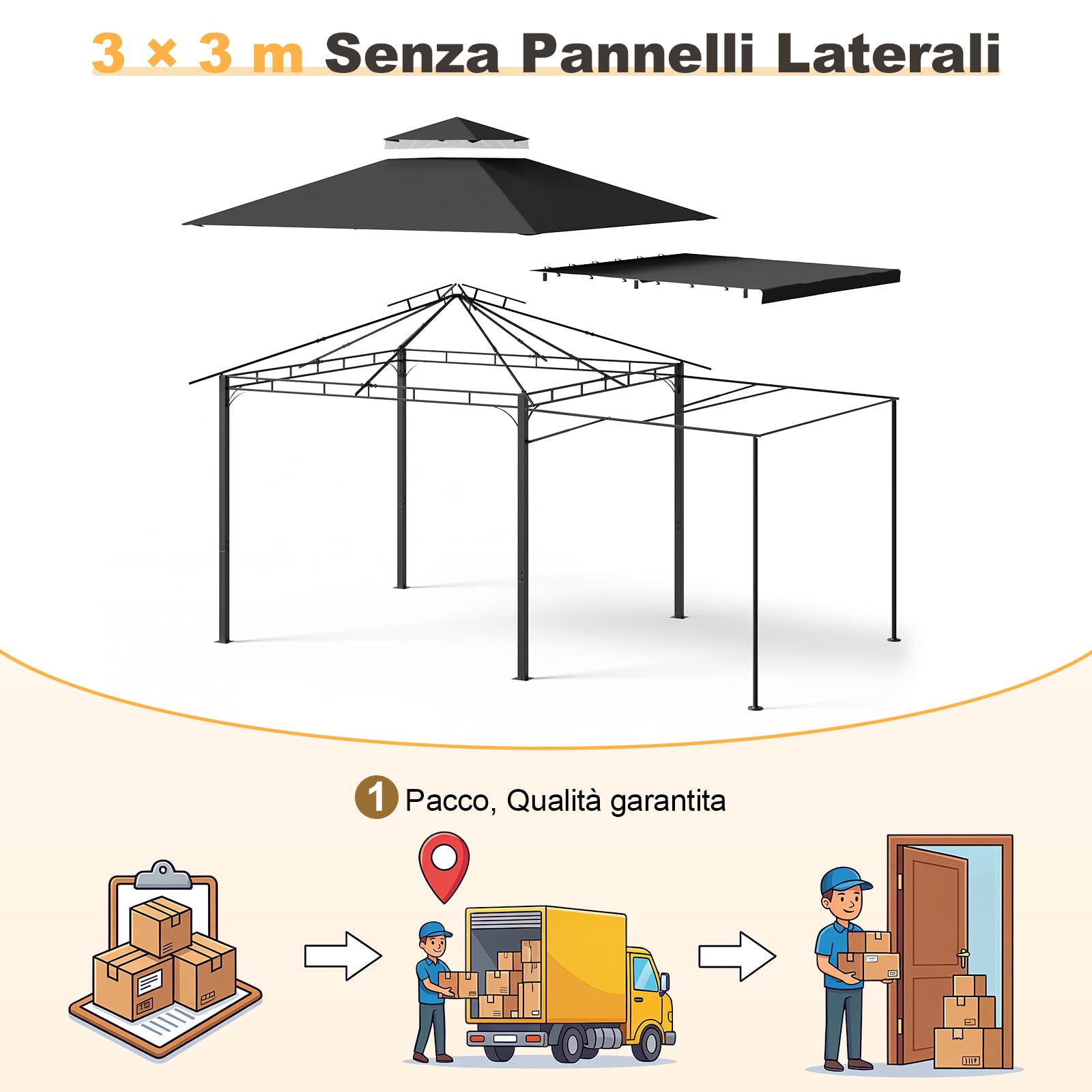 Devoko Gazebo Esterno 3x3m Impermeabile Protezione UV 50+ Pavillon Fisso Giardino 3x4.7m Grigio