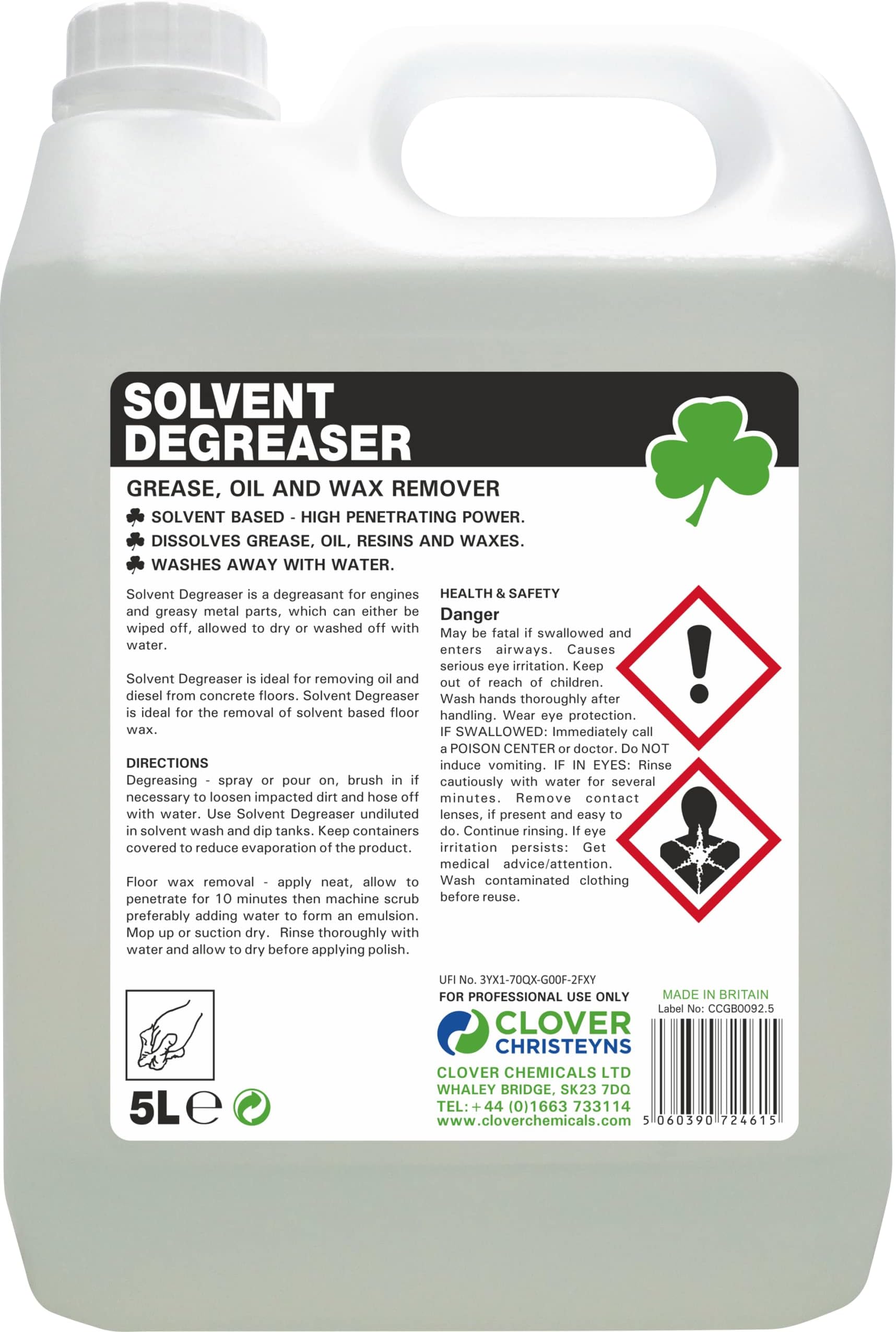 Clover Chemicals 710 Solvent Degreaser Grease, Oil and Wax Remover, 5 L