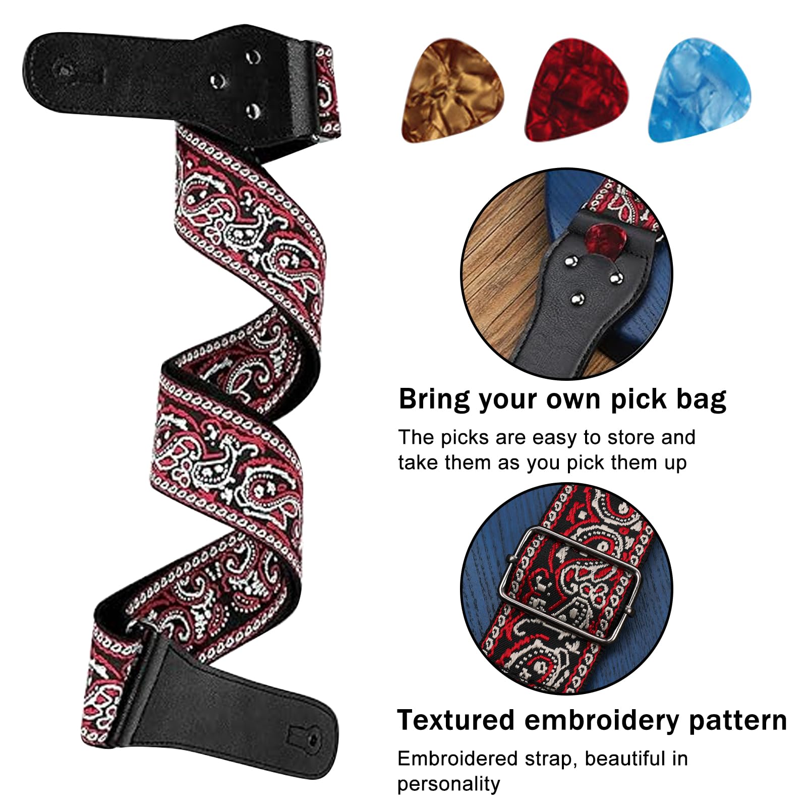 DAVBNM Guitar Strap, Jacquard Embroidery Guitar Straps with Leather Ends Adjustable Shoulder for Bass Acoustic, Electric - Image 4