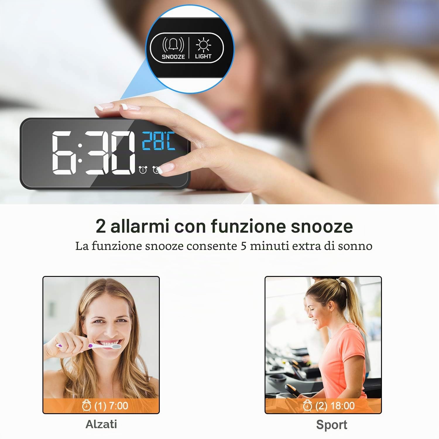 MOSUO Sveglia Digitale, Sveglia da Comodino con Temperatura e LED Grande Schermo, Orologio a Specchio con 2 Allarme, Snooze, Suoni e Luminosità Regolabile, Controllo Vocale, USB Ricaricare, Nero