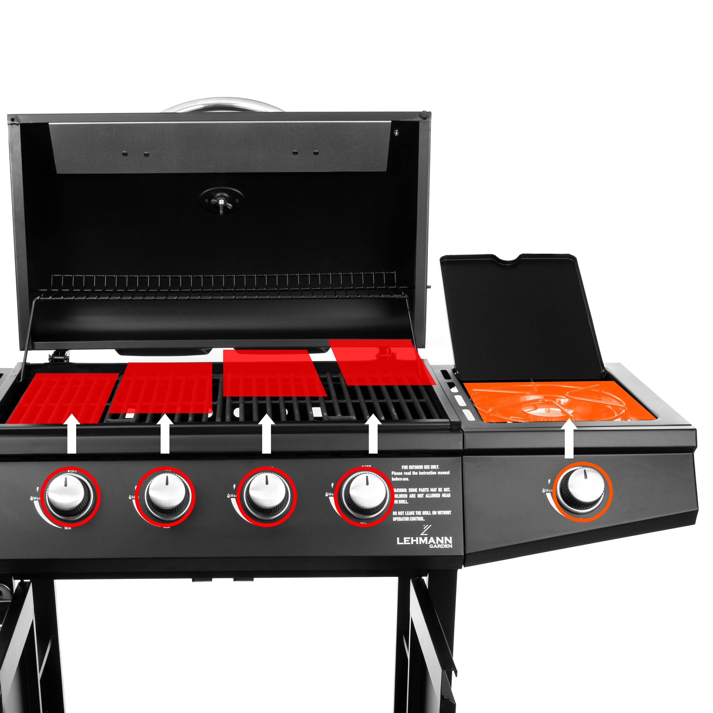 Lehmann Grill gazowy Ohio Black, na kółkach, stal nierdzewna, czarny, 4 Palniki + Palnik Boczny, 9,3 kW, Żeliwny Ruszt 33 x 66 cm, z Termometrem i Szafką, Pokrowiec, reduktor i wąż