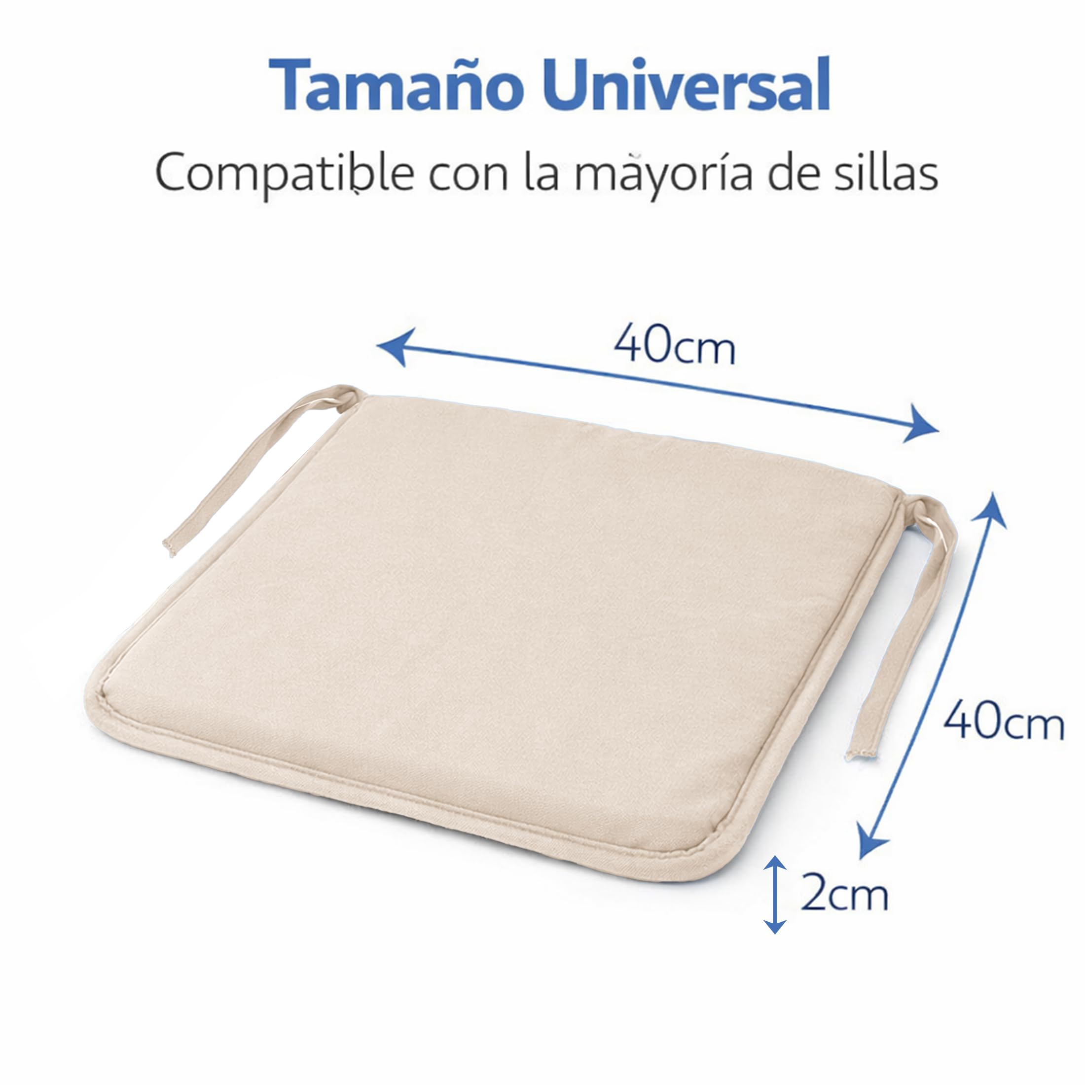 Pack 6 Cojín para silla 40x40x2 cm｜Repelente al agua y fácil de limpiar｜Con cintas de sujeción｜Funda con cremallera desmontable｜Uso interior y exterior｜Ideal para comedor, terraza, jardín u oficina