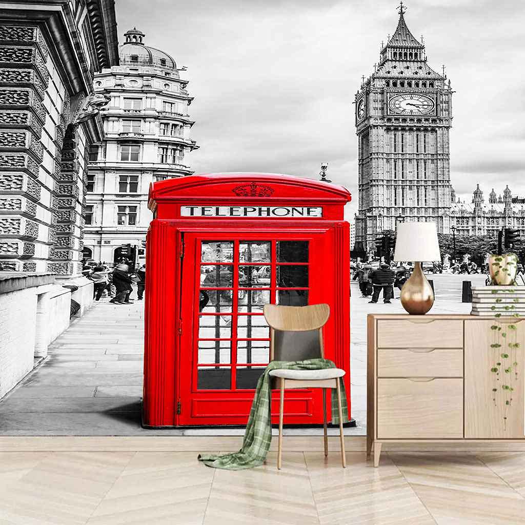 Papier peint cabine téléphonique rouge pour relooker un mur de restaurant ou salon