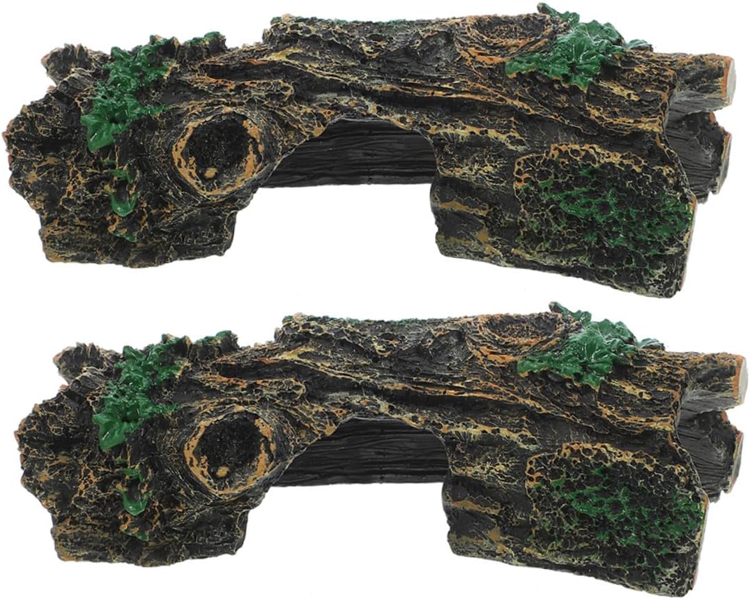 2pcs Small Reptile Hide and Turtle Basking Platform Resin Tree Trunk Hideout Aquarium Decor for Fish Tank Habitat Shelter Suitable for Turtles, Lizards, Amphibians
